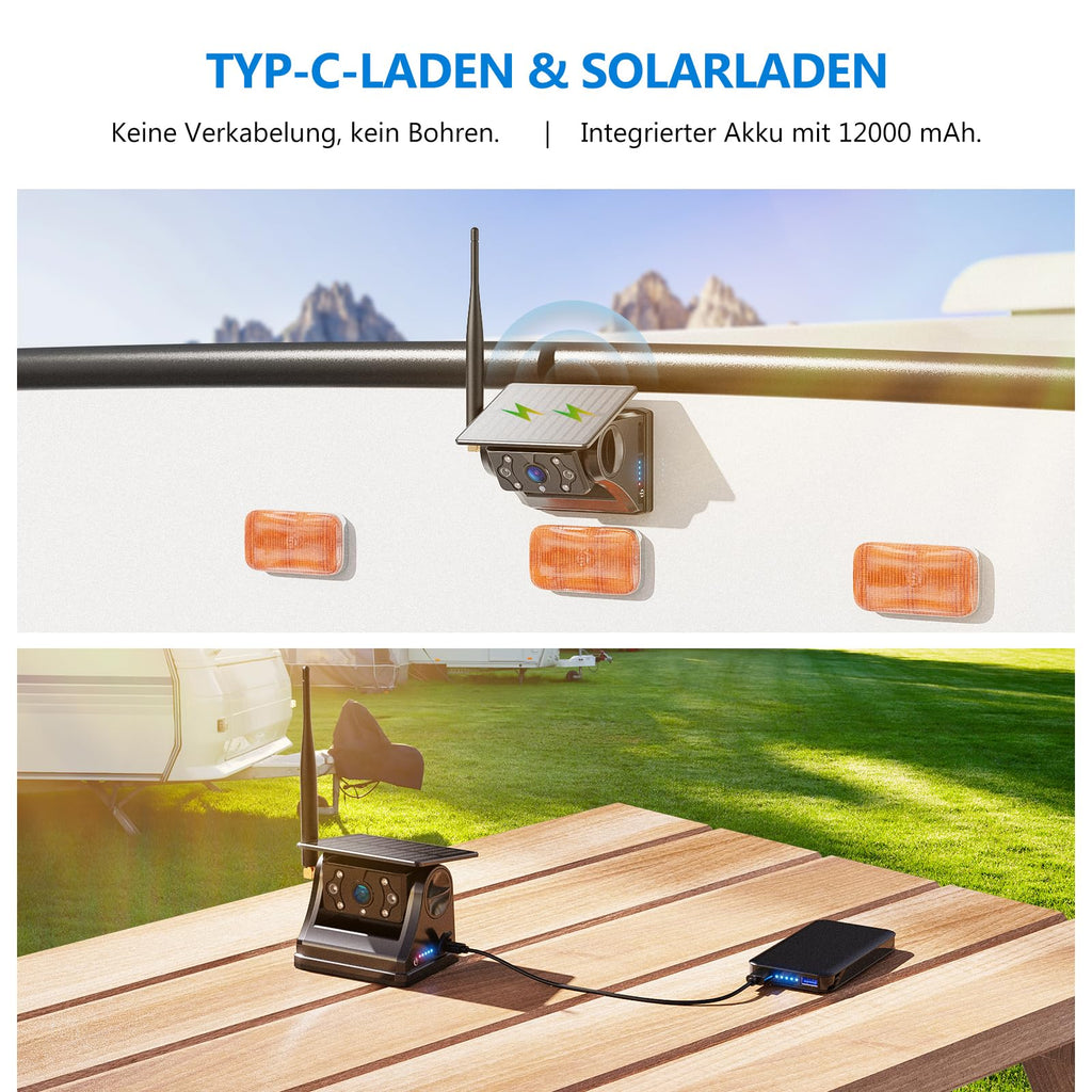 eRapta 2 Magnetische Solar Rückfahrkamera kabellos: 12000mAh Akku, 7'' 1080P Touchscreen IPS-Monitor, 1 Min DIY Installation, IP69K wasserdichte Rückfahrkamera für Wohnmobil Wohnwagen Anhänger LKW