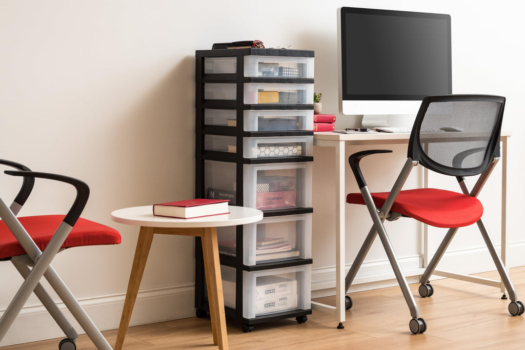 Iris USA Organizer mit Schublade aus Kunststoff, Rollwagen mit Rollen, 7 Schubladen, für Klassenzimmer, Kunsthandwerk, Kommode, Schrank, Badezimmer, Waschküche, Schwarz/Transparent