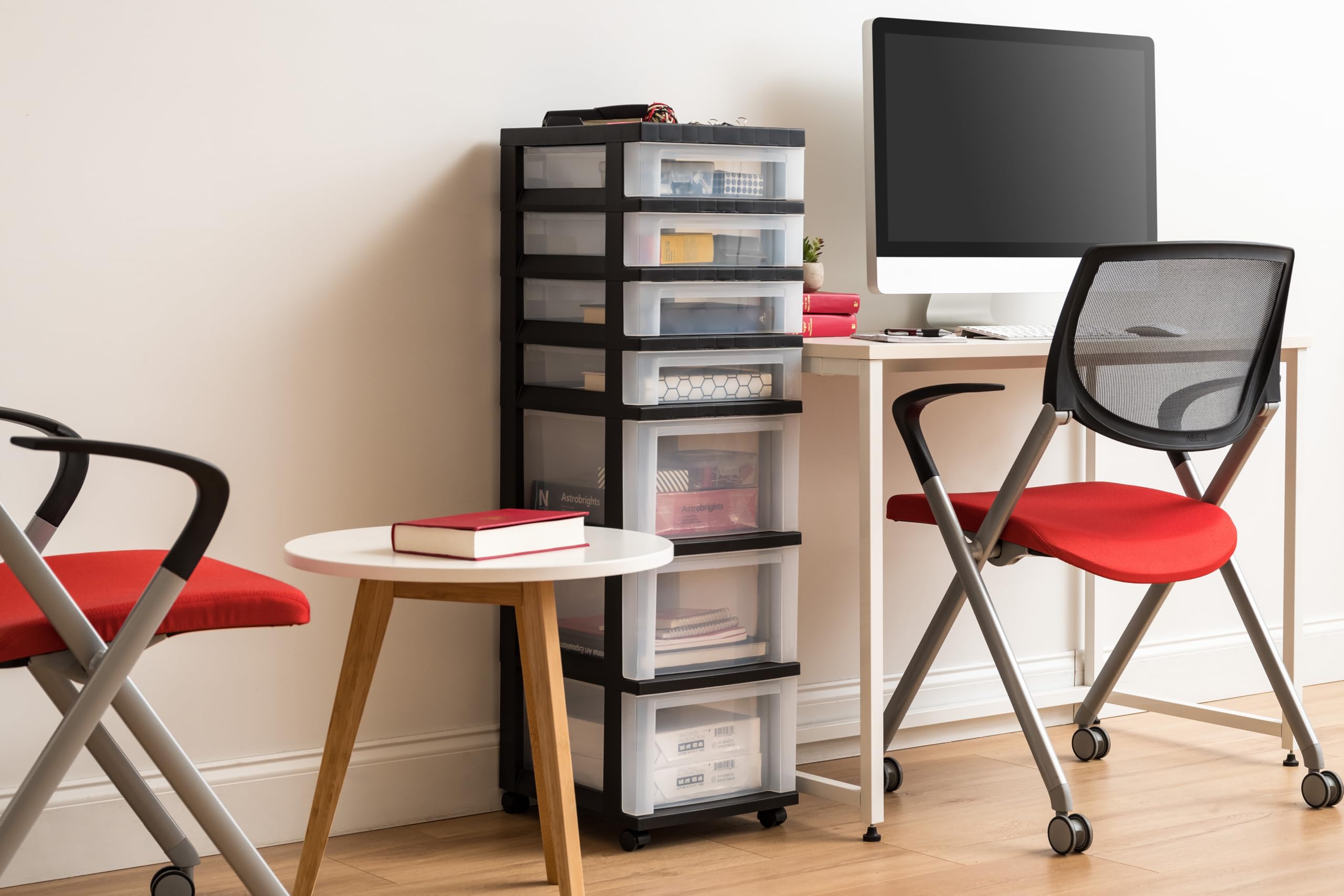 Iris USA Organizer mit Schublade aus Kunststoff, Rollwagen mit Rollen, 7 Schubladen, für Klassenzimmer, Kunsthandwerk, Kommode, Schrank, Badezimmer, Waschküche, Schwarz/Transparent