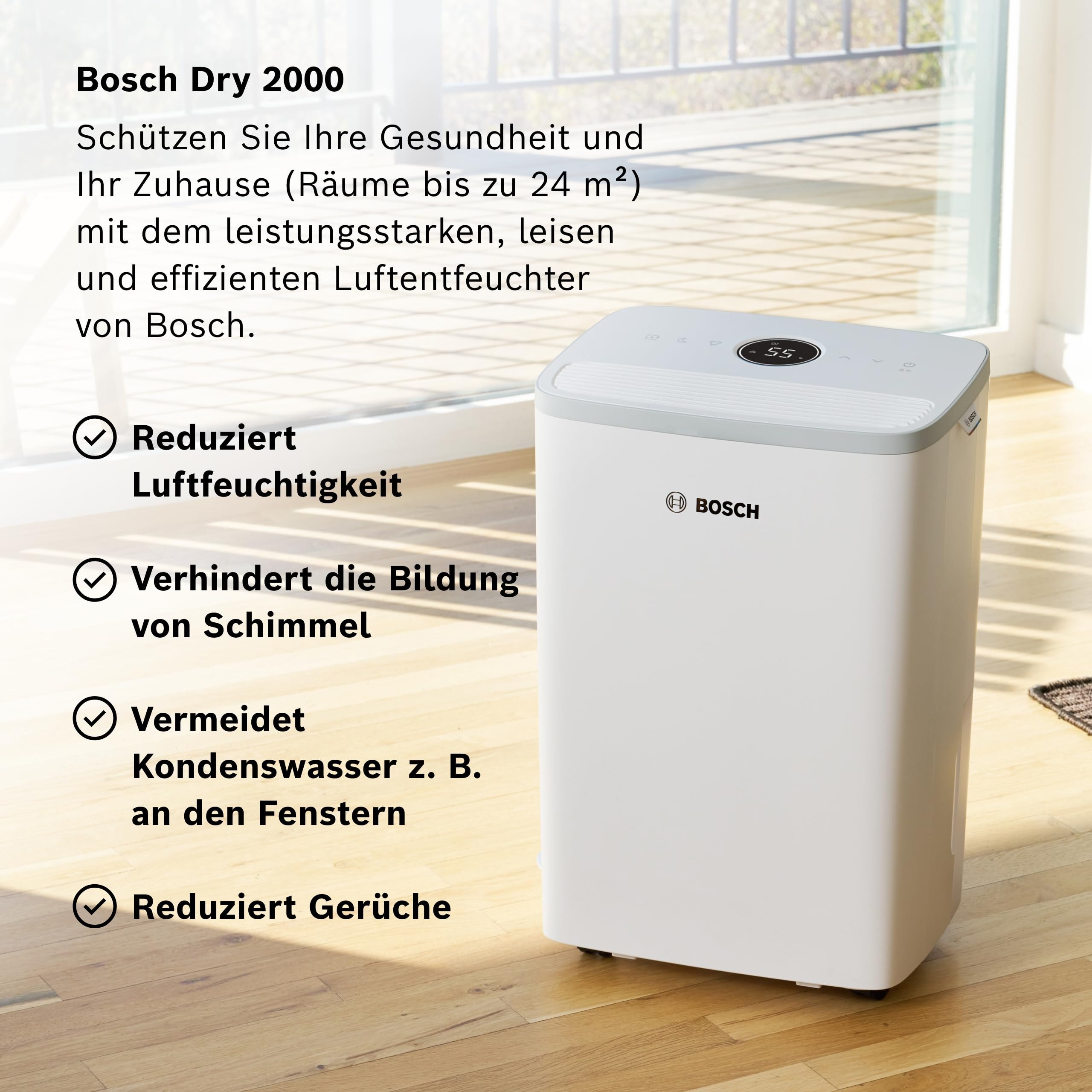 Bosch Dry 2000 Luftentfeuchter - Einfach. Effizient. Leise. - Für Räume bis zu 24 m² - Ideal für Deine Wohnung die schnelle Trocknung Deiner Wäsche