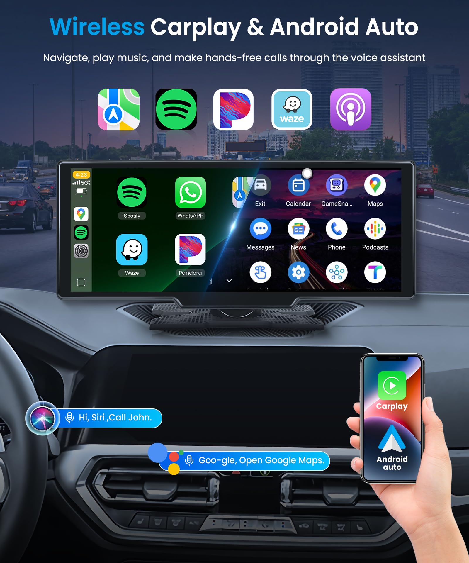 CarPlay & Android Auto Wireless, tragbares Podofo-Radio (10,26 Zoll) mit IPS-Touchscreen, unterstützt SuperLink OTA, Bluetooth, GPS, Sprachsteuerung, Mirror Link, FM, AUX