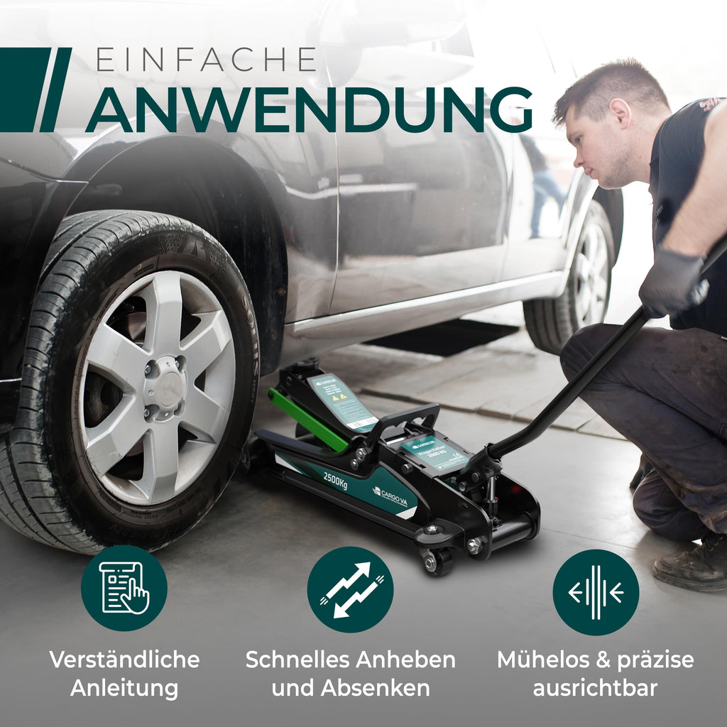 Wagenheber hydraulisch 2,5T – TÜV – 85-380mm Hub – flach für tiefergelegte Autos – Rangierwagenheber inkl. Gummiauflagen [Koffer]