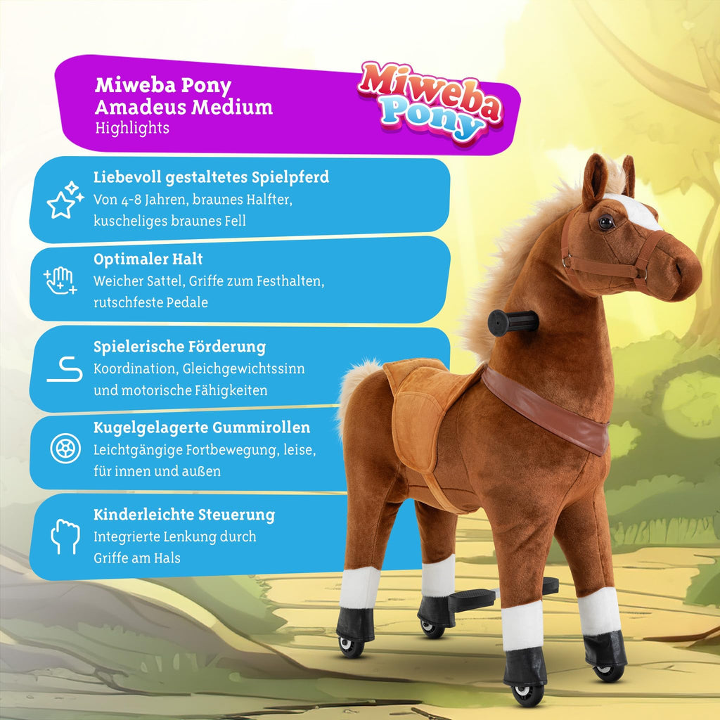 Miweba Pony Amadeus | Reitpferd auf Rollen - Pferd für Kinder - Schaukelpferd - Schaukeltier - Kuscheltier - Spielpferd zum Reiten - Plüschtier - Stofftier - Stehpferd - 4-8 Jahre (M Medium)