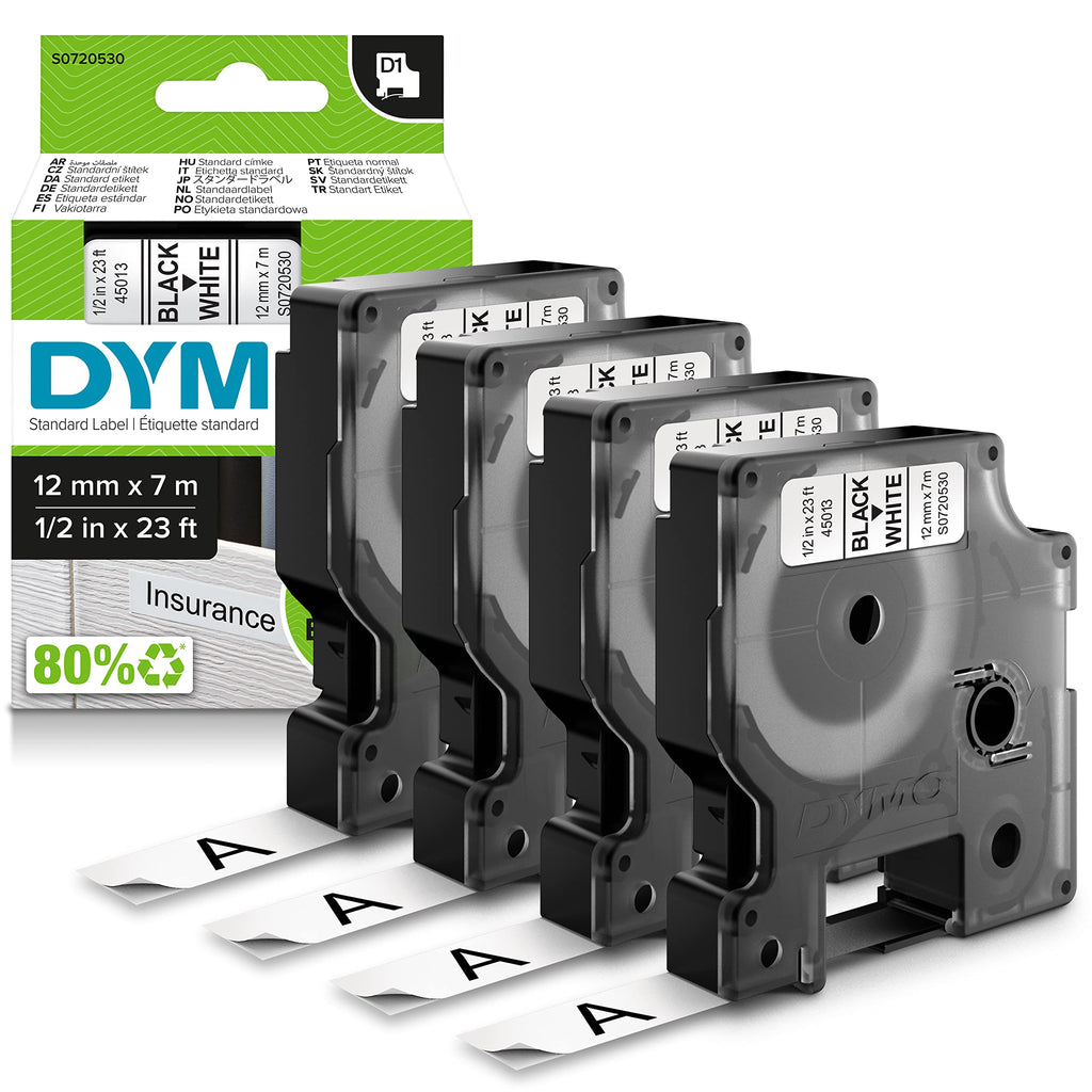DYMO Original D1-Etikettenband | schwarz auf weiß | 12 mm x 7 m | selbstklebendes Schriftband | für LabelManager-Beschriftungsgerät | 4 D1 Etikettenkassetten