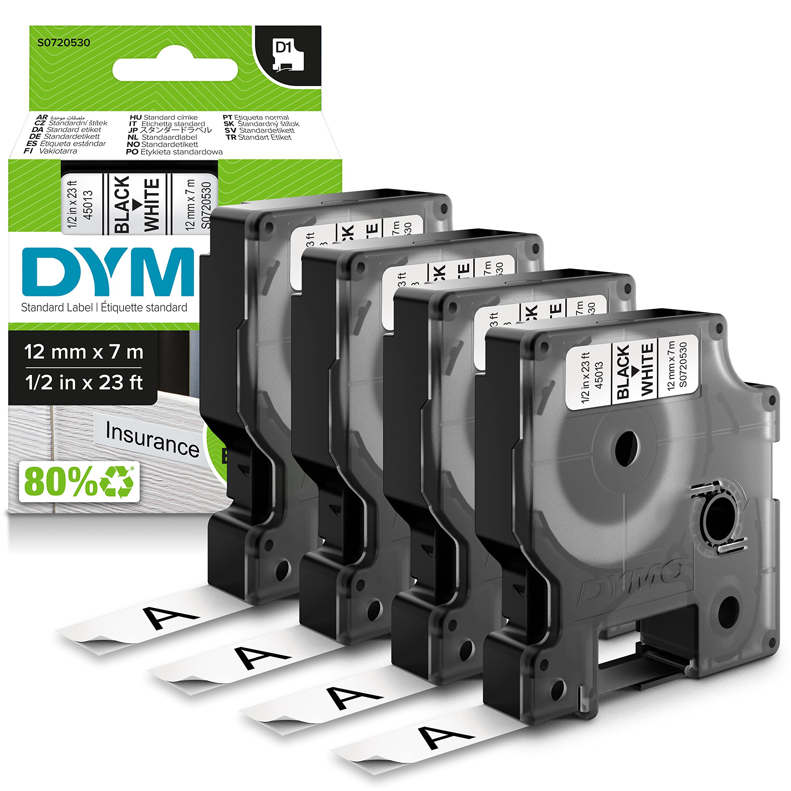 DYMO Original D1-Etikettenband | schwarz auf weiß | 12 mm x 7 m | selbstklebendes Schriftband | für LabelManager-Beschriftungsgerät | 4 D1 Etikettenkassetten
