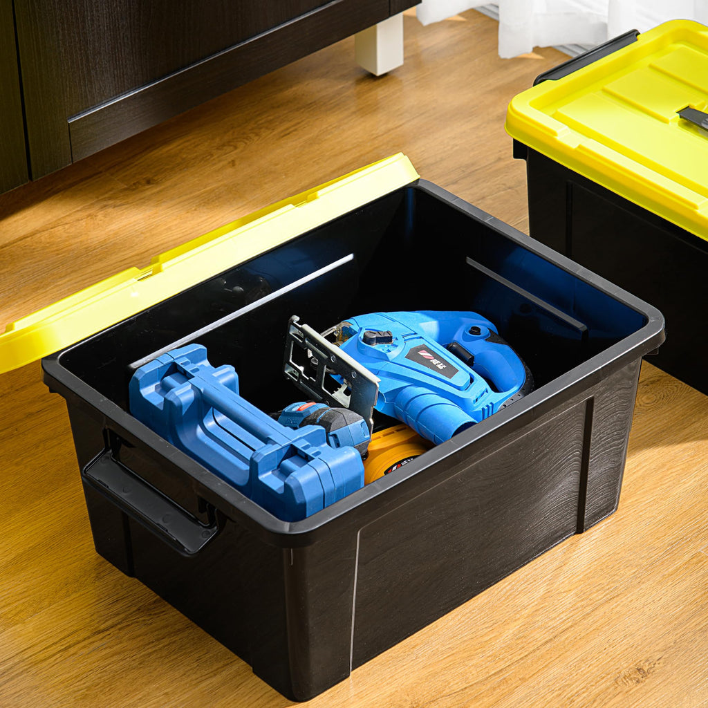 Cetomo 35L*4 Aufbewahrungsboxen, Kunststoffboxen mit Deckeln, Griffen und Schnappverschlüssen für Werkzeuge, Garage, Langlebig, Stapelbar, Ineinander Schachtelbar, Schwarz und Gelb, 35L (4er Pack)