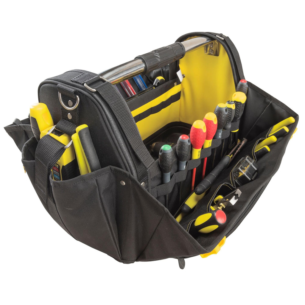 STANLEY FatMax Werkzeugtrage - Werkzeugtasche aus strapazierfähigen 600er Denier Nylon, schneller Zugriff auf das Werkzeug, mit rutschfestem Stahlgriff, verschließbare Seitenteile - FMST1-80146