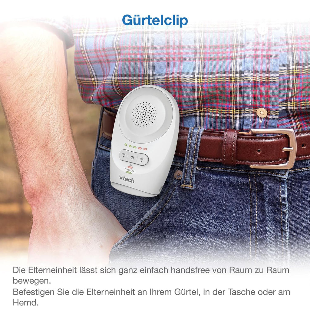 VTech BM1120 Baby-Audioüberwachungsgerät, klare Tonübertragung und Sicherheit, Lange Reichweite, 5-stufige LED-Lautstärkeanzeige, Gürtelclip, wiederaufladbare Batterien