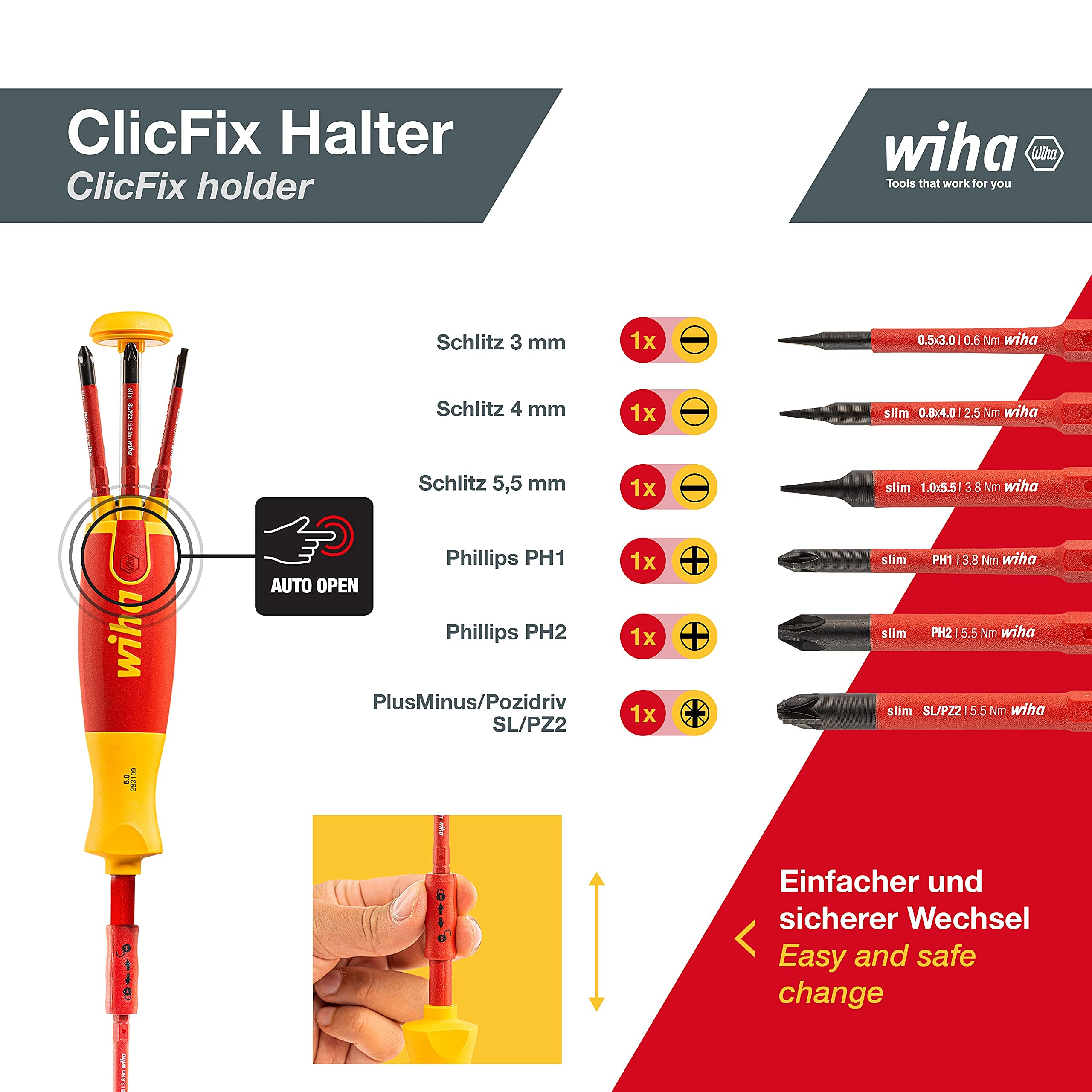 Wiha Schraubendreher Set LiftUp electric 6-tlg. mit verstaubarem Bit Set (38611) I Schraubenzieher Satz mit Bit Magazin aus slimBits für Elektriker, Bithalter, Schlitz/ Kreuzschlitz/ Plusminus