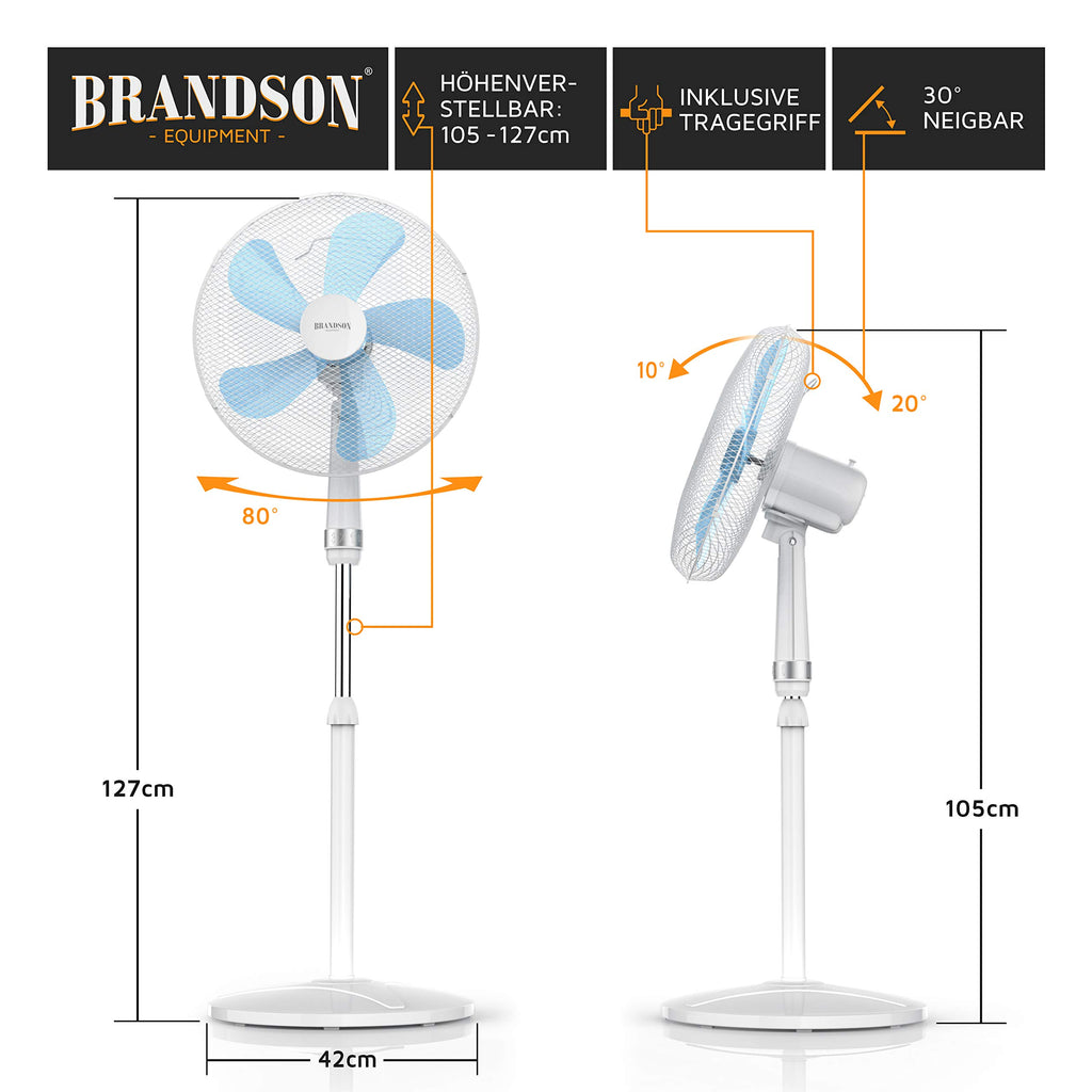 Brandson - Standventilator 50 W - Standlüfter 40 cm - Ventilator höhenverstellbar – Neigungswinkel 30° verstellbar - hoher Luftdurchsatz - 3 Geschwindigkeitsstufen – Oszillation 80° - weiß