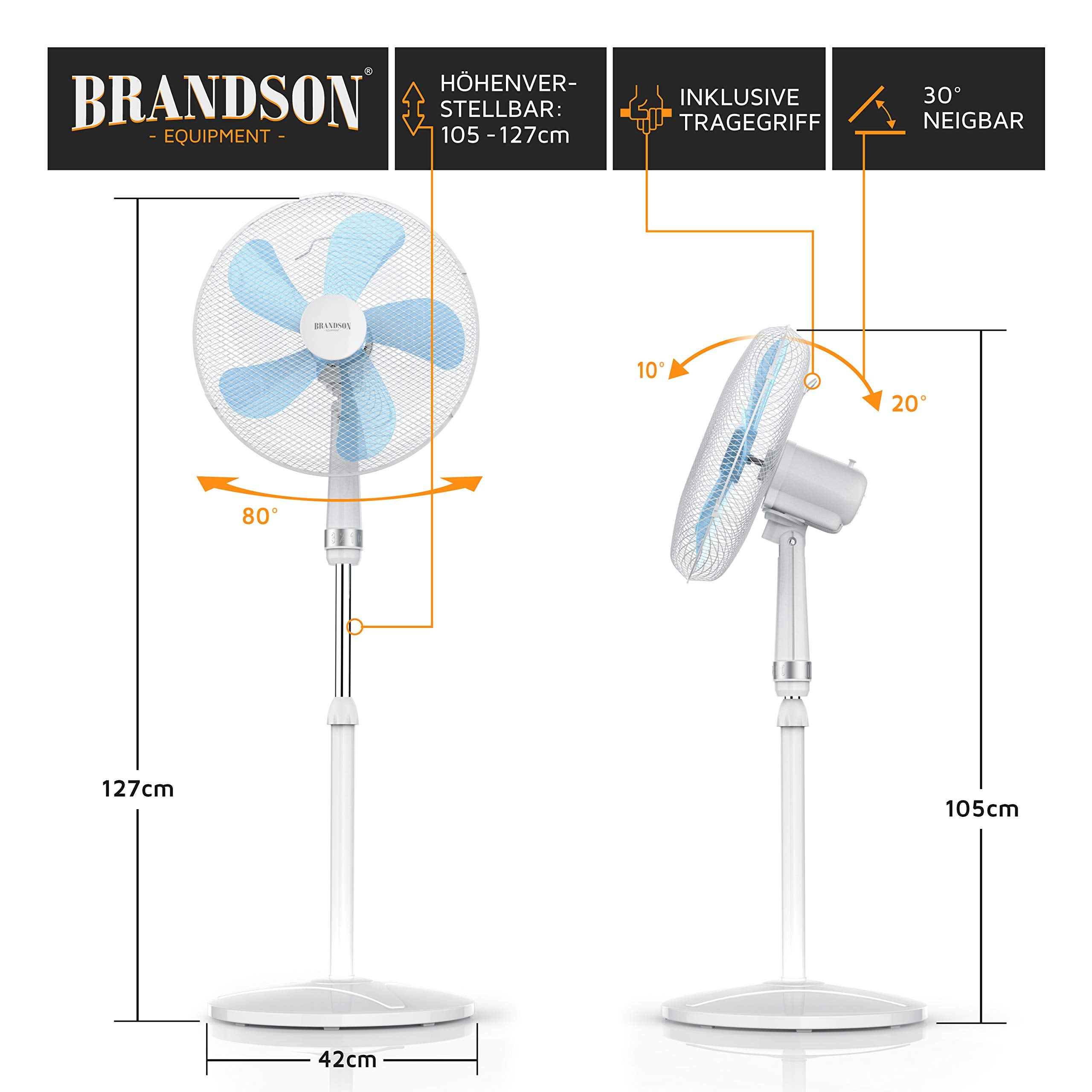 Brandson - Standventilator 50 W - Standlüfter 40 cm - Ventilator höhenverstellbar – Neigungswinkel 30° verstellbar - hoher Luftdurchsatz - 3 Geschwindigkeitsstufen – Oszillation 80° - weiß
