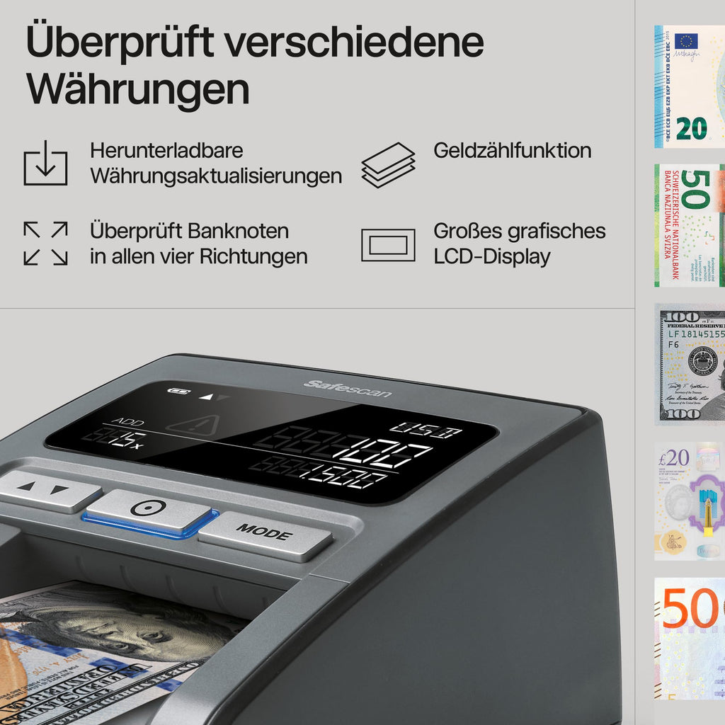 Safescan 185-S automatischer Geldscheinprüfer zur schnellen Überprüfung von Geldscheinen - Inklusive US Dollar - Falschgeldprüfgerät mit 7-facher Echtheitsprüfung - 100% genauer Geldscheinprüfer