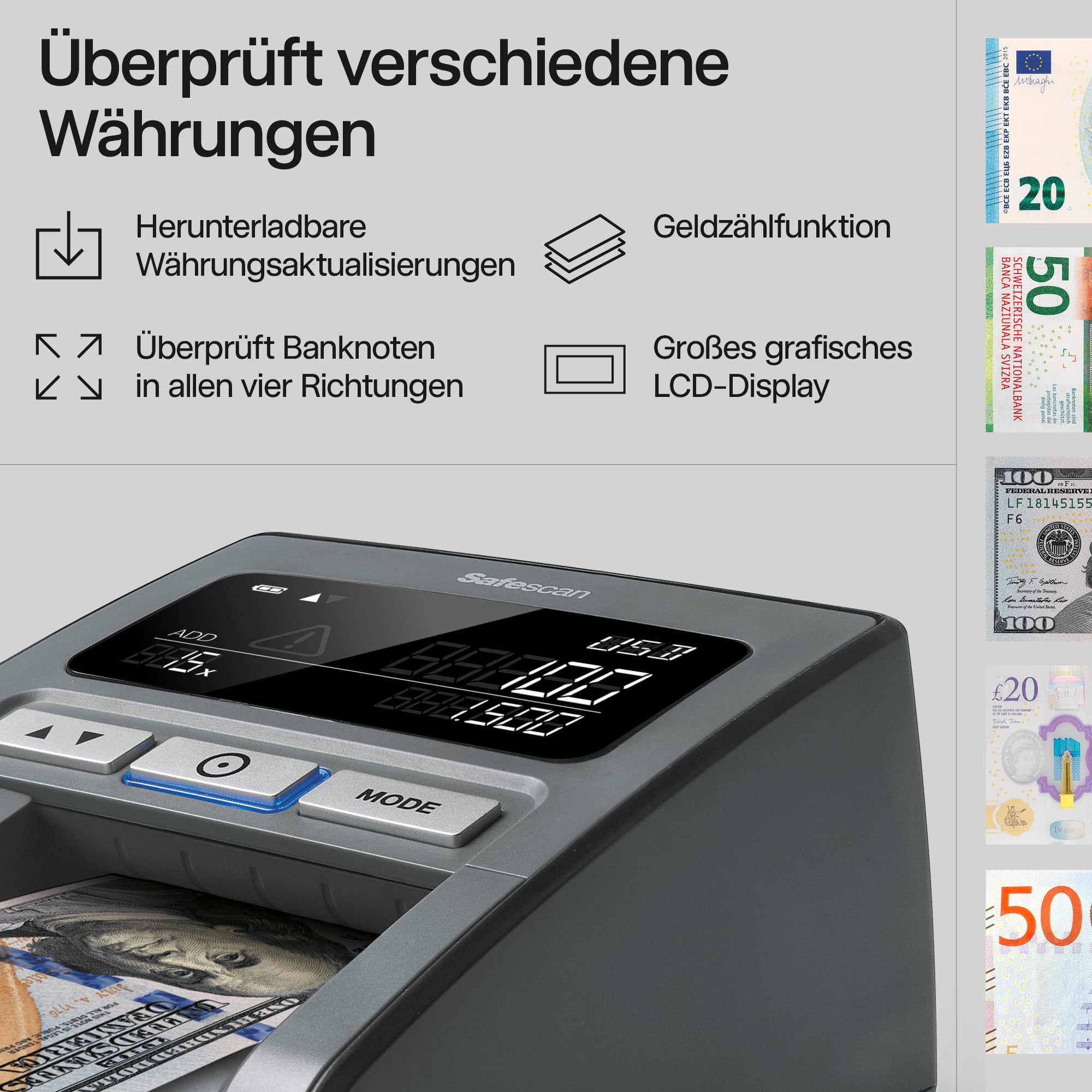 Safescan 185-S automatischer Geldscheinprüfer zur schnellen Überprüfung von Geldscheinen - Inklusive US Dollar - Falschgeldprüfgerät mit 7-facher Echtheitsprüfung - 100% genauer Geldscheinprüfer