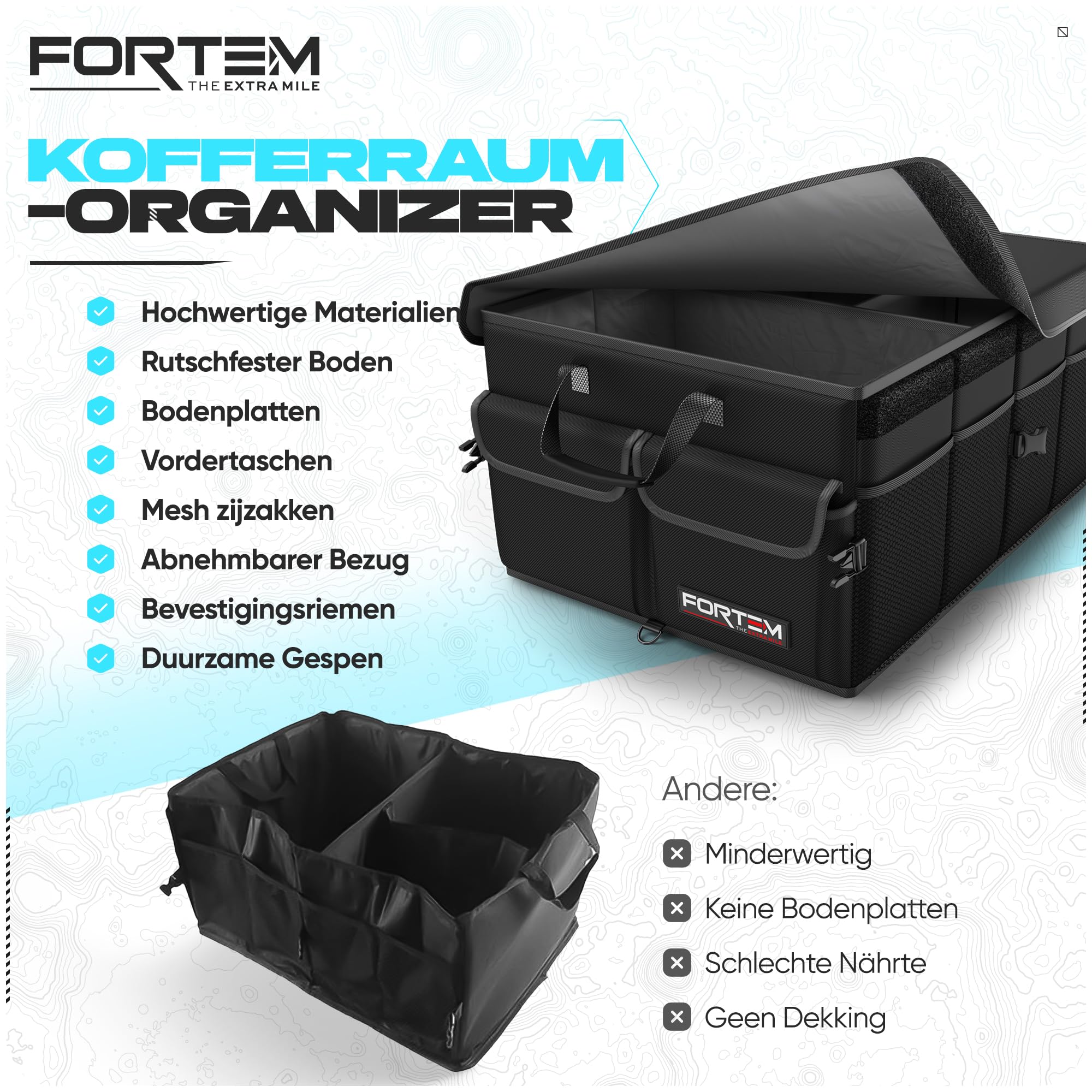 FORTEM Kofferraum Organizer, Kofferraumtasche, Zusammenklappbarer Auto Organizer Kofferraum mit Fächern, Rutschfester Boden, Verstellbare Sicherungsriemen, Klappbarer Deckel (Schwarz)
