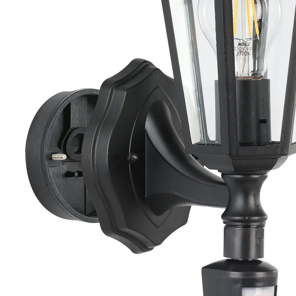 EGLO Außen-Wandlampe Laterna 4, 1 flammige Außenleuchte inkl. Bewegungsmelder, Sensor-Wandleuchte aus Aluguss und Glas, Farbe: Schwarz, Fassung: E27, IP44