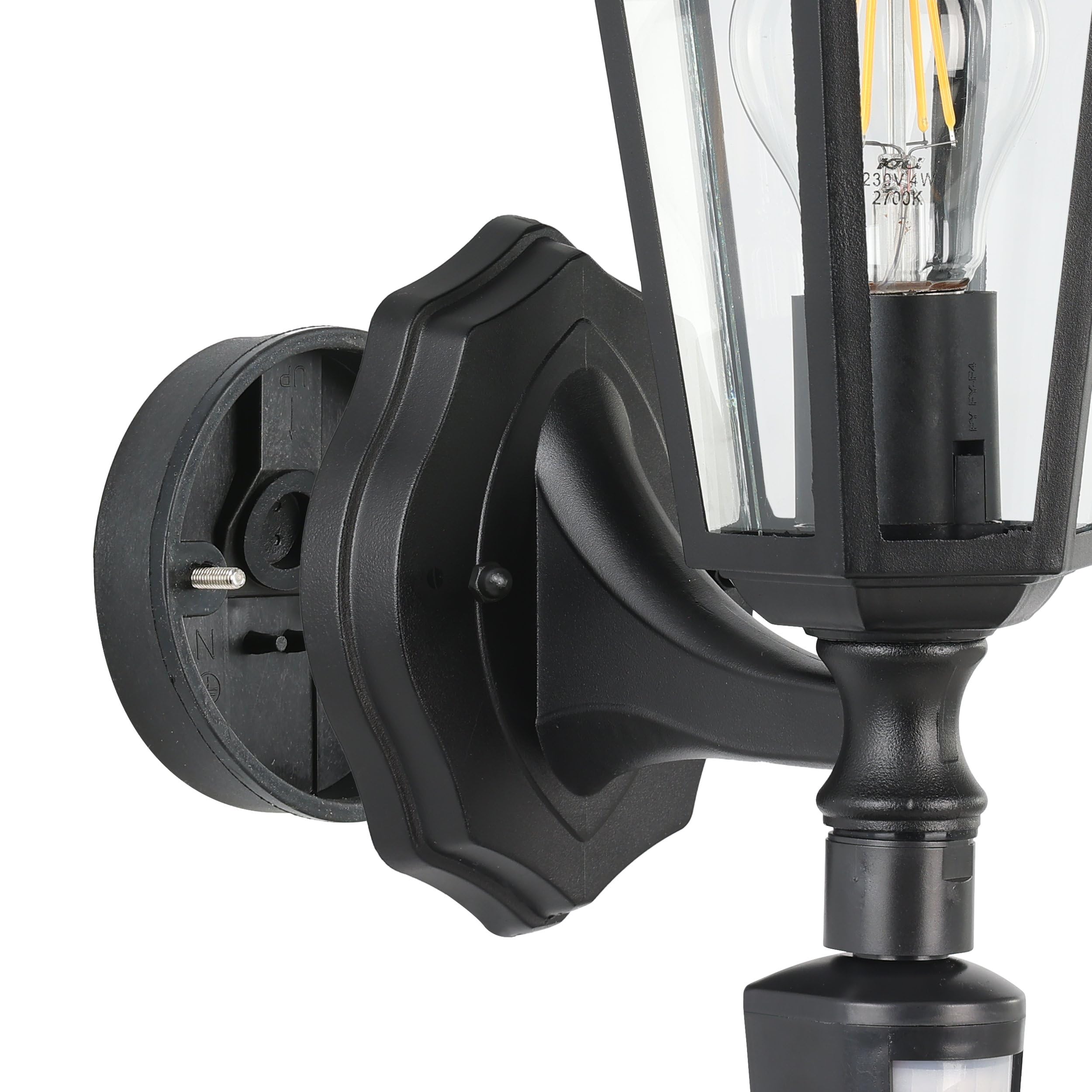 EGLO Außen-Wandlampe Laterna 4, 1 flammige Außenleuchte inkl. Bewegungsmelder, Sensor-Wandleuchte aus Aluguss und Glas, Farbe: Schwarz, Fassung: E27, IP44