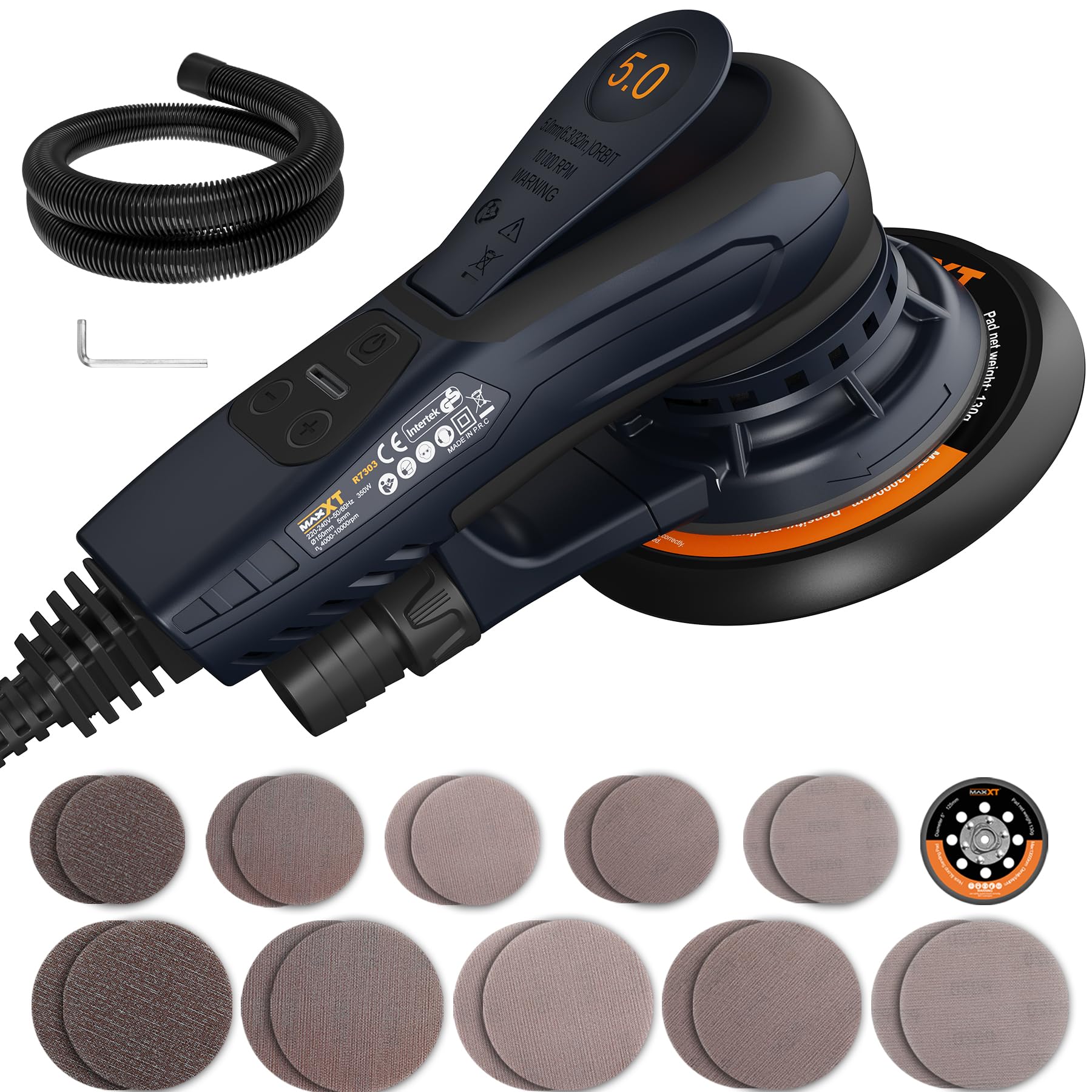 Vielseitiger Exzenter Schleifer MAXXT 230V: 125mm & 150mm Backing Pads, Bürstenloser Elektrischer Schleifer mit einstellbarer Geschwindigkeit, Ideal für Holzoberflächen