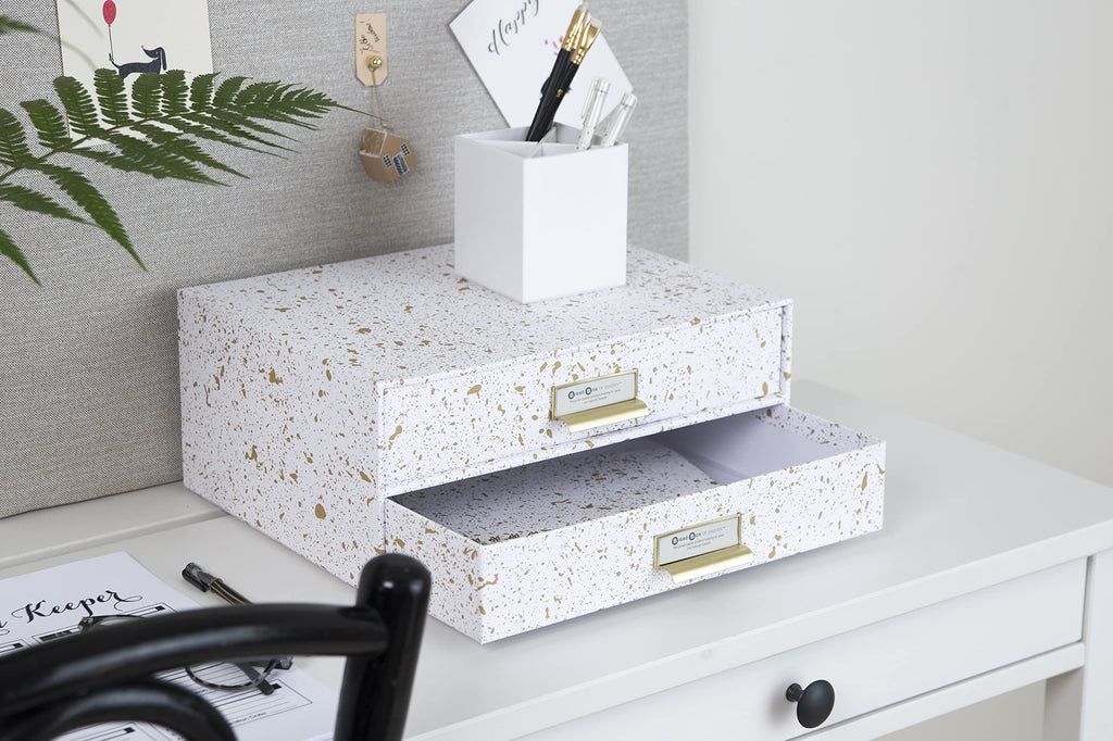 BIGSO BIRGER Schubladenbox – Aufbewahrungsbox mit 2 Schubladen – Schreibtisch Ablage für Dokumente & Bürobedarf – Ablagesystem aus recycelter Faserplatte und Papier – gold gesprenkelt