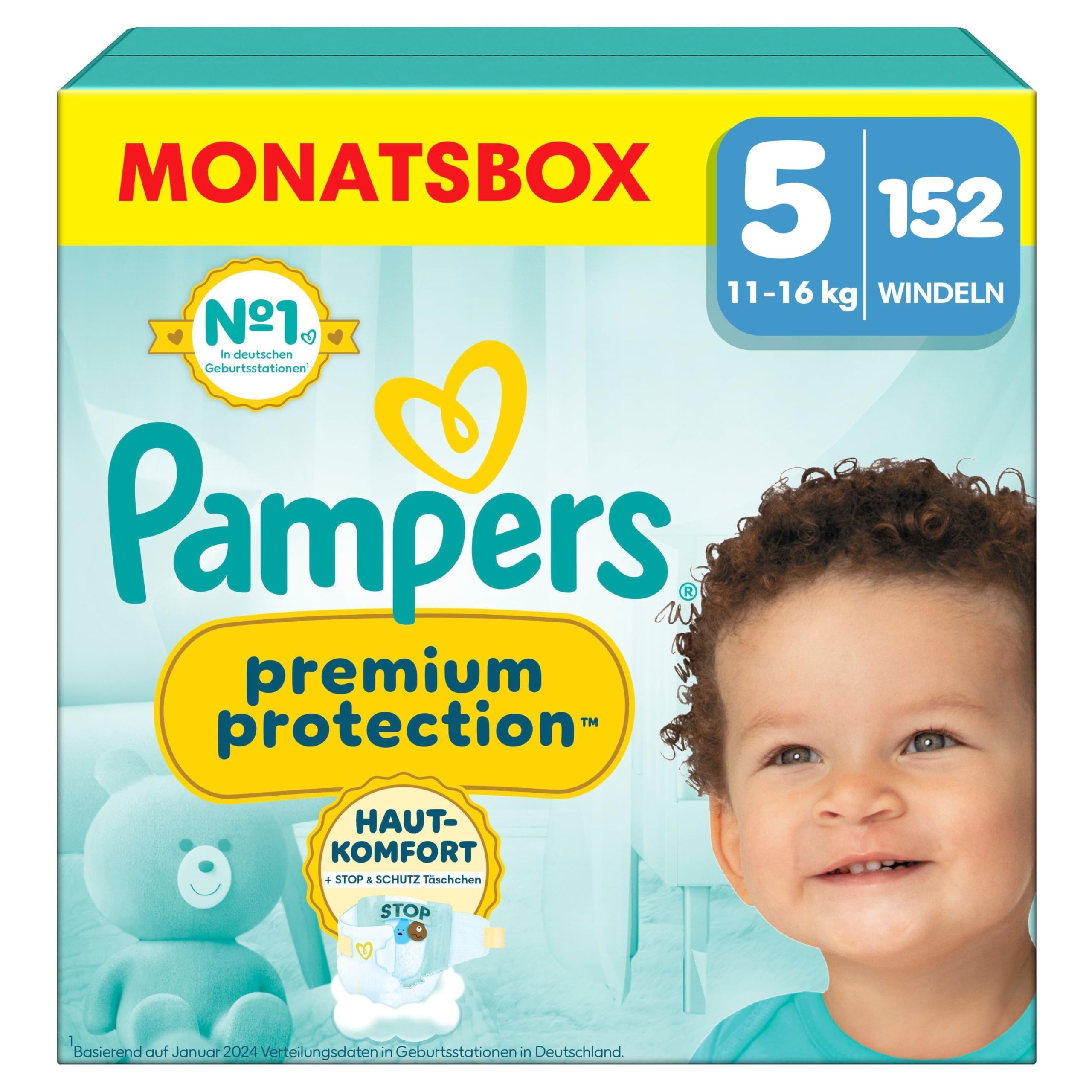 Pampers Premium Protection Größe 5, 152 Windeln, 11kg-16kg, Doppelter Schutz für die Haut und vor Auslaufen