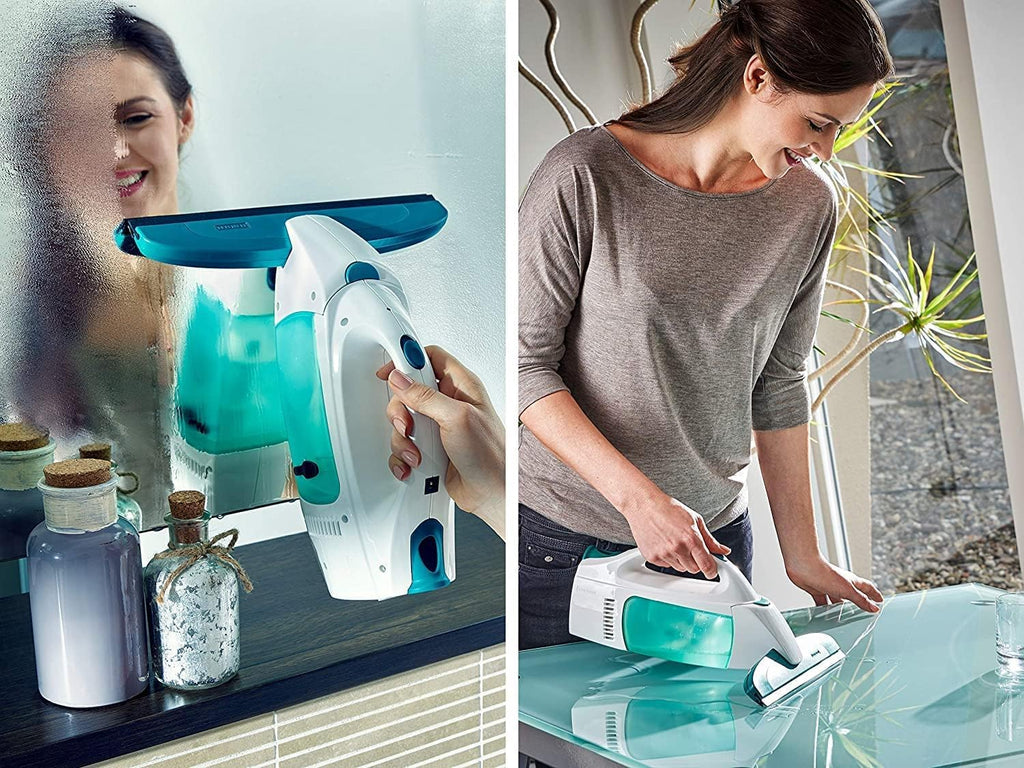 Leifheit Fenstersauger Set Dry & Clean mit Stiel und Einwascher für 360° streifenfreie Reinigung, Fensterreiniger verwendbar bis zu 38 min, Fensterputzer mit Stand-by-Automatik und Click-System