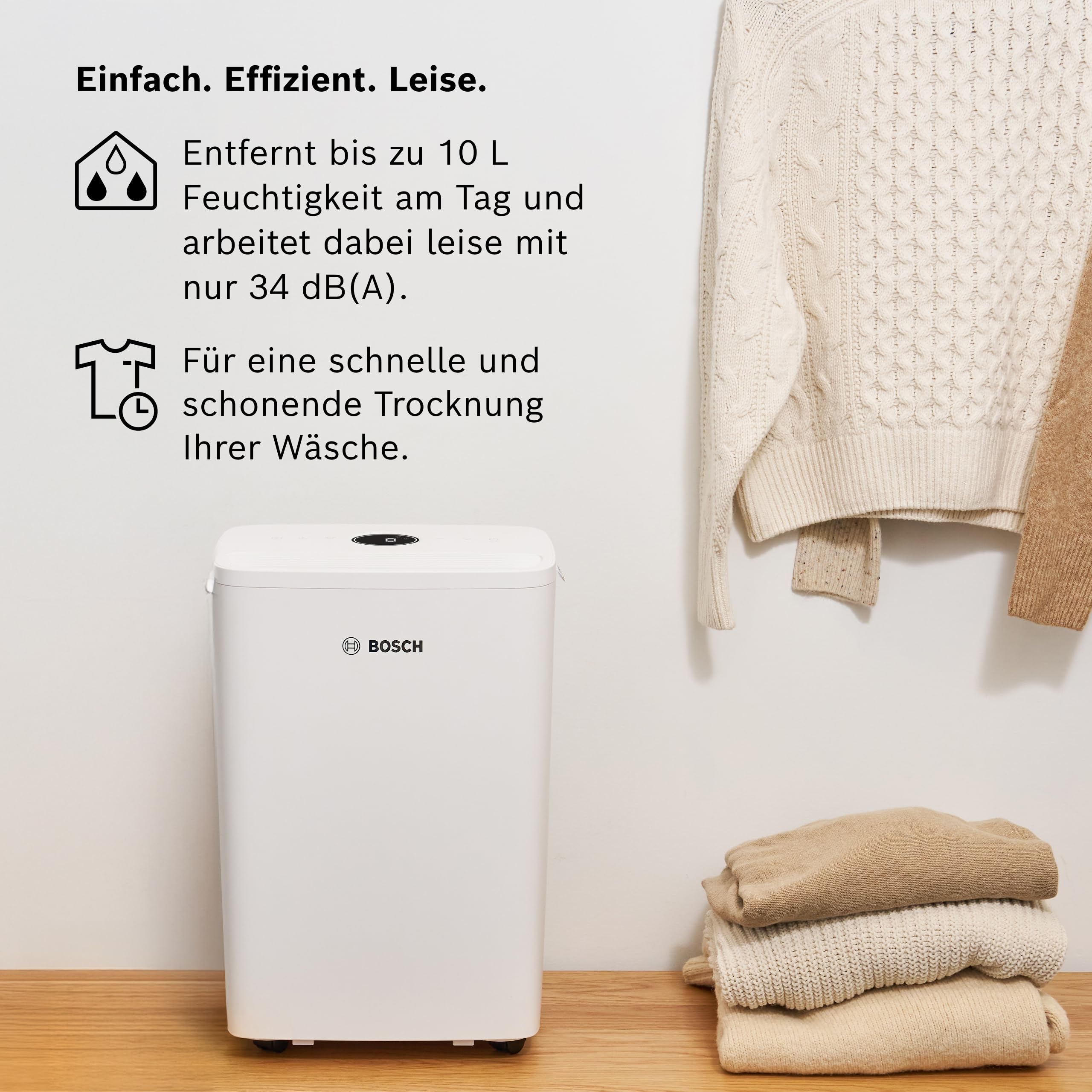 Bosch Dry 1000 Luftentfeuchter - Einfach. Effizient. Leise. - Für Räume bis zu 17 m² - Ideal für Deine Wohnung die schnelle Trocknung Deiner Wäsche