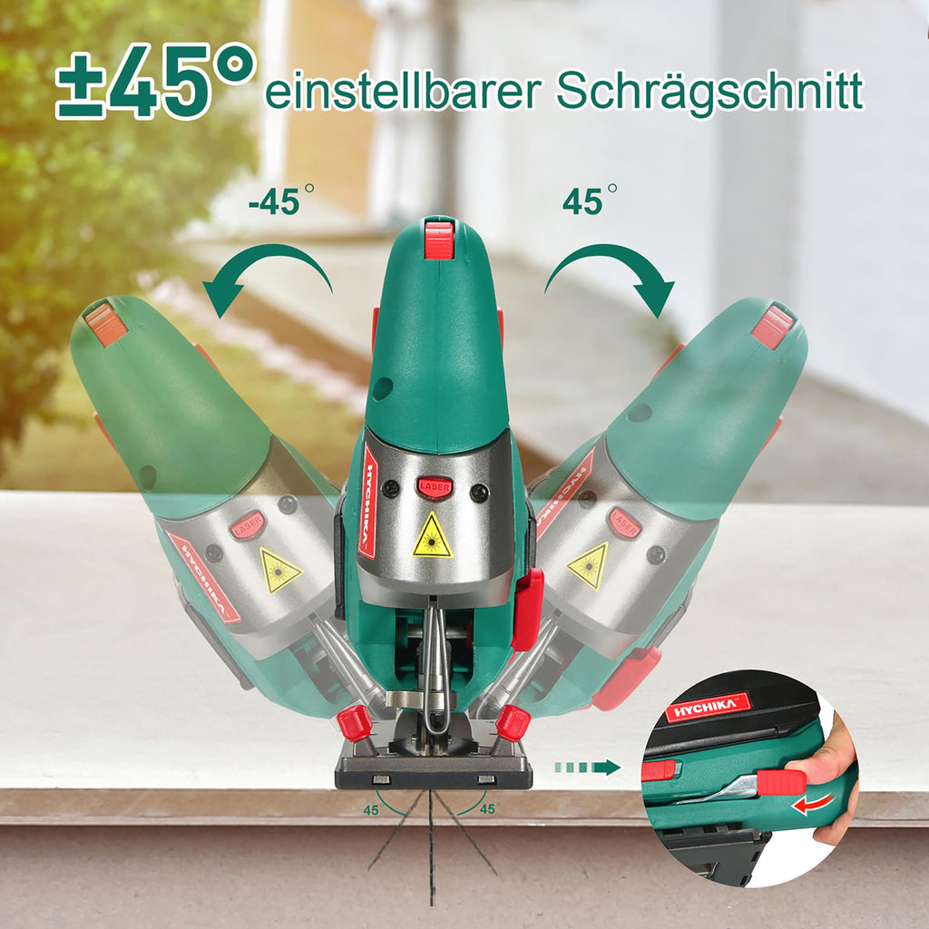 HYCHIKA Stichsäge, 800W Max Holz Schnitttiefe 110mm, 800-3000SPM Elektrische Stichsäge mit Laser, 6 Blätter, Fasenschneiden: -45 °bis 45°