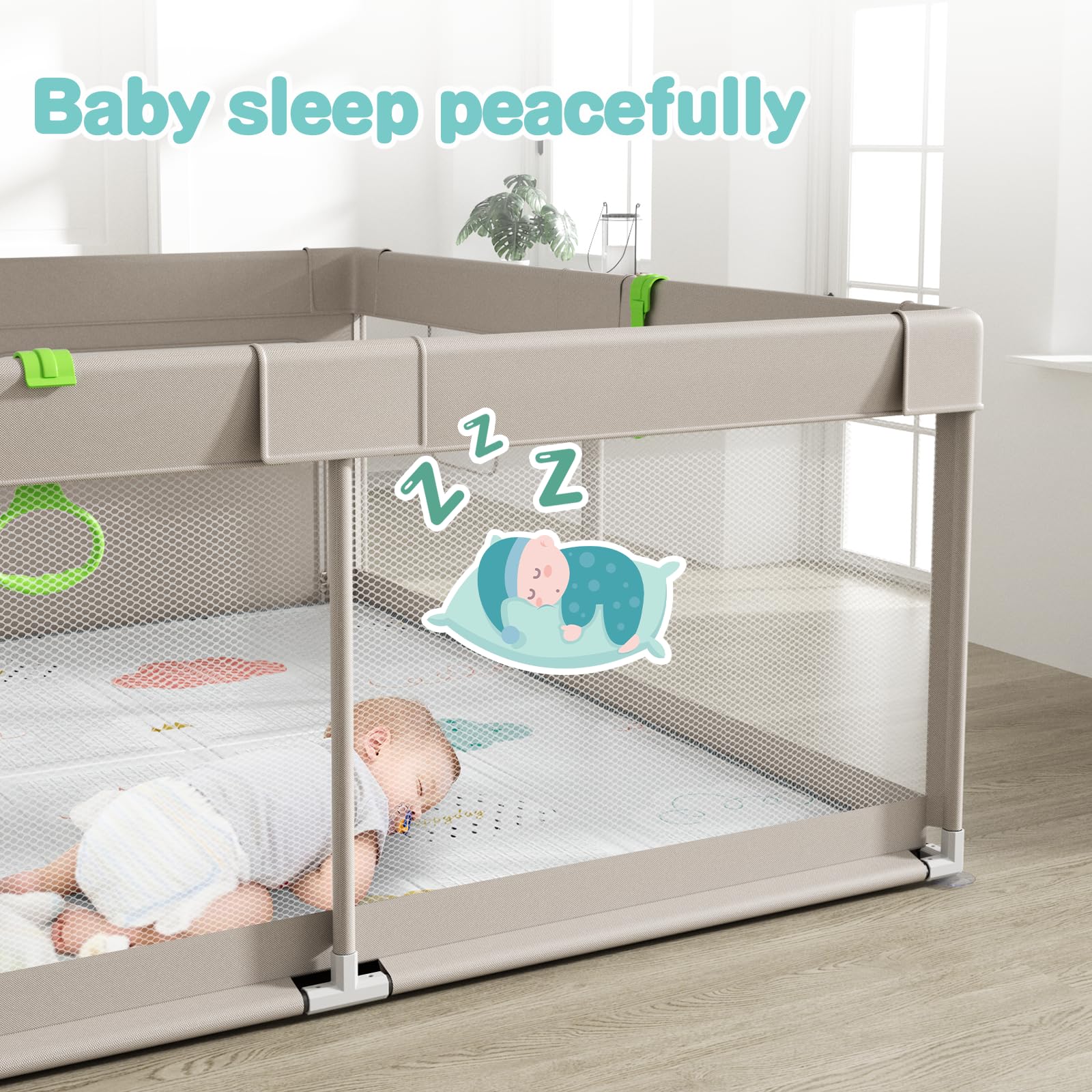 Uanlauo 150x150cm Laufstall mit Spielmatte, XXL Kinder Laufgitter, Innen & Außen Baby-Aktivitätsbereich mit Reißverschlusstür und 4 Ziehringen