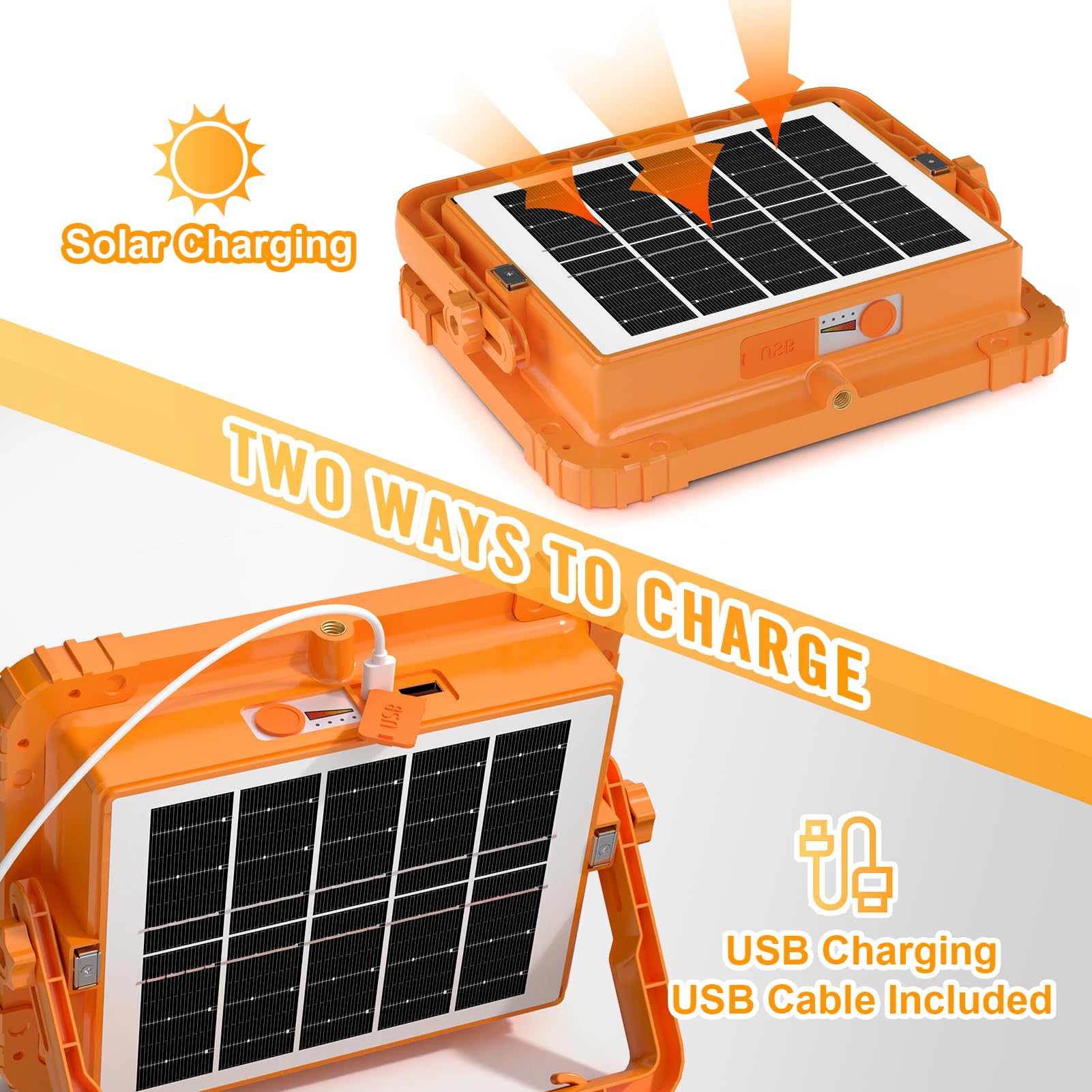 100W Baustrahler Akku Solar Arbeitsleuchte, 466 LED 5 Modi, 10000LM 12000mAh USB-wiederaufladbar, IP66 wasserdicht Akku Arbeitsleuchte Tragbar im Freien für Baustelle, Camping, Garage, Notfälle