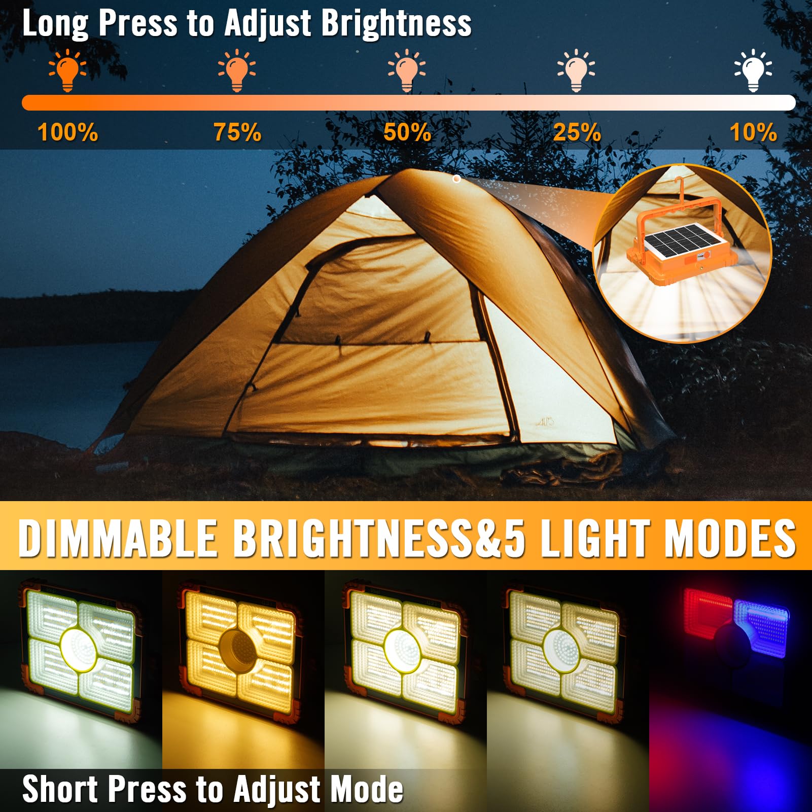 100W Baustrahler Akku Solar Arbeitsleuchte, 466 LED 5 Modi, 10000LM 12000mAh USB-wiederaufladbar, IP66 wasserdicht Akku Arbeitsleuchte Tragbar im Freien für Baustelle, Camping, Garage, Notfälle