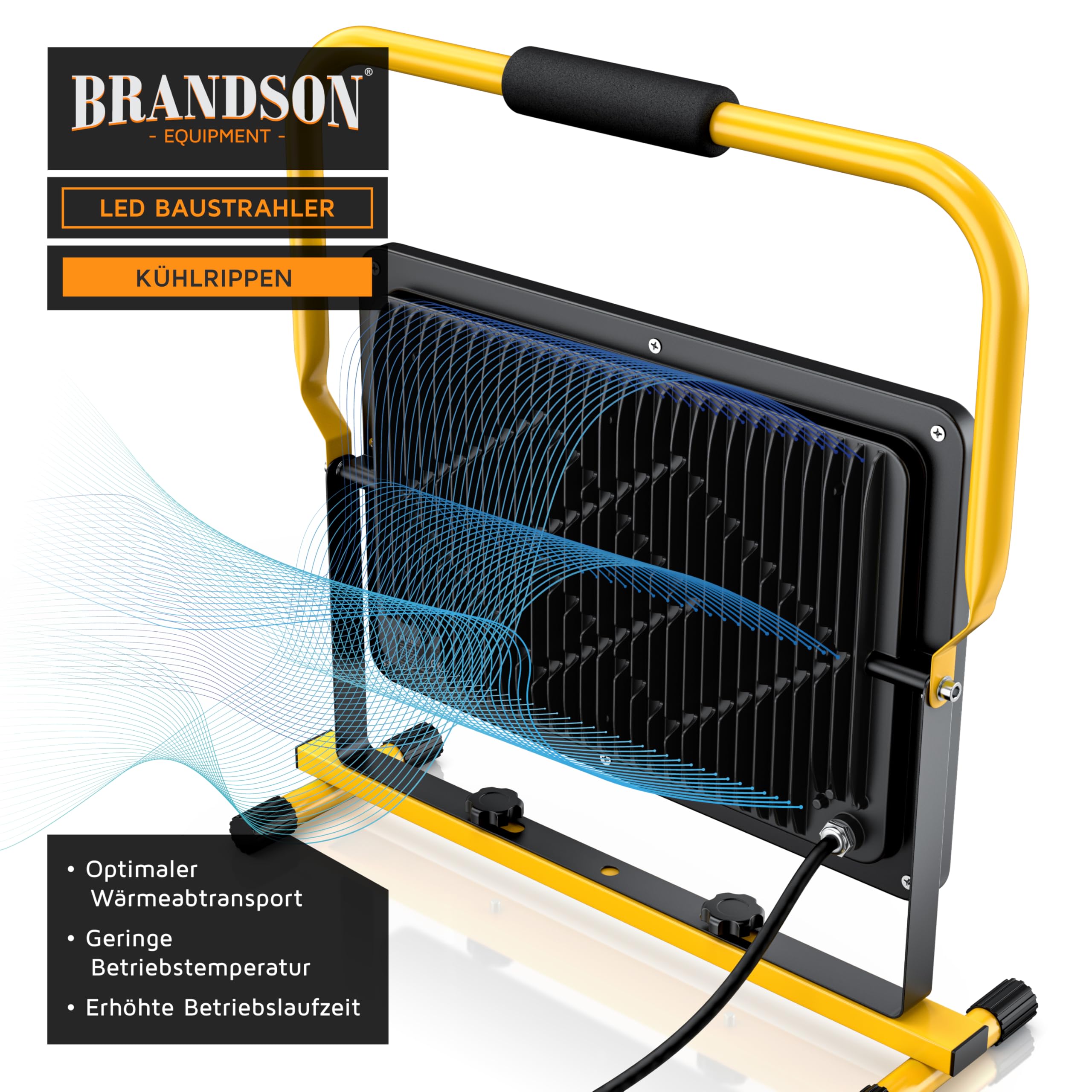 Brandson - LED Baustrahler 150W − Arbeitsscheinwerfer − Bauscheinwerfer − 216 SMD LEDs − Standgestell und Tragegriff − 12000 Lumen – 4 m Stromkabel − Metallgehäuse - IP65
