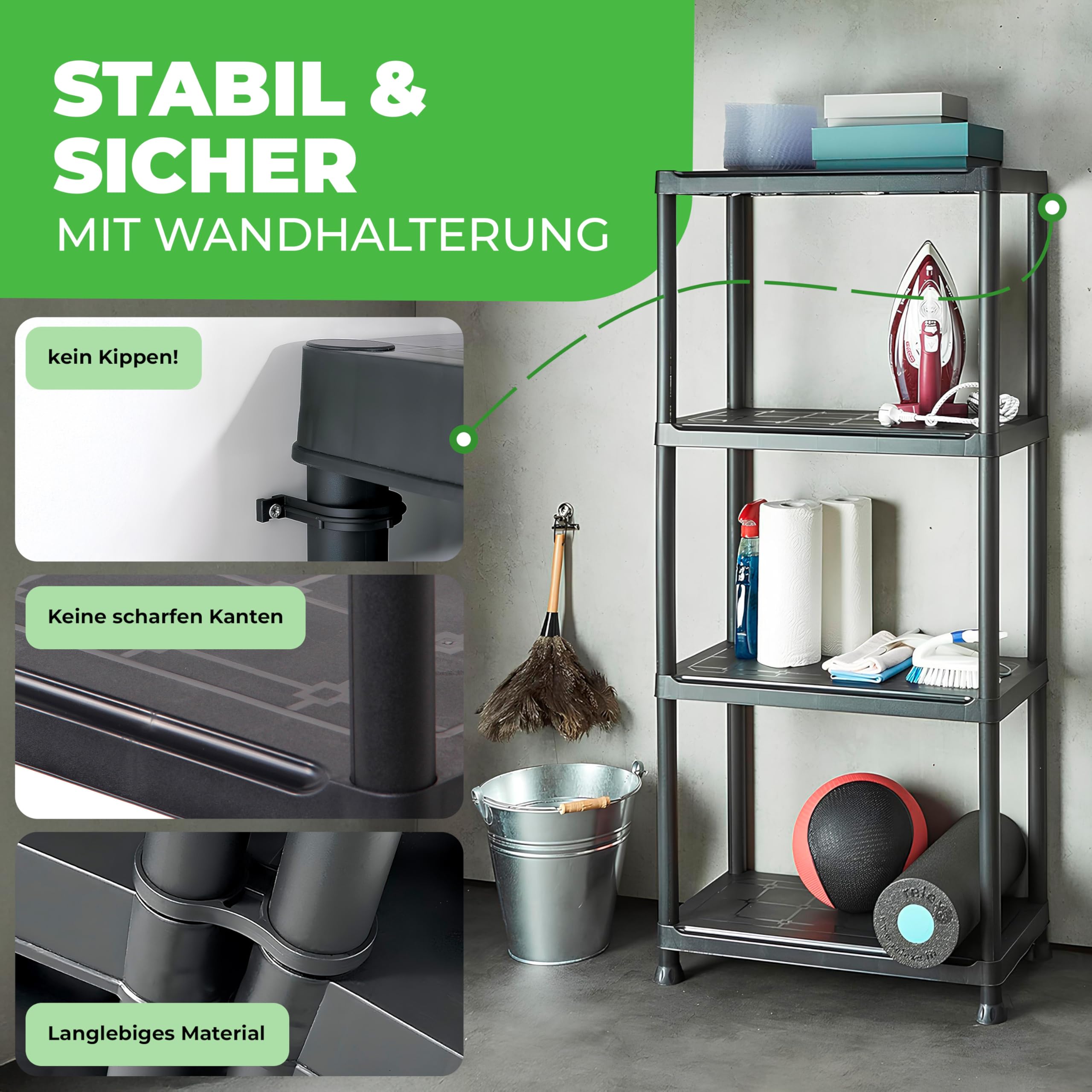 Ondis24 Steckregal 60 x 30 x 131 (H) cm, 4 Böden, Kunststoffregal, Schwerlastregal, bis zu 80 kg, Regal, Lagerregal (1 Stück)