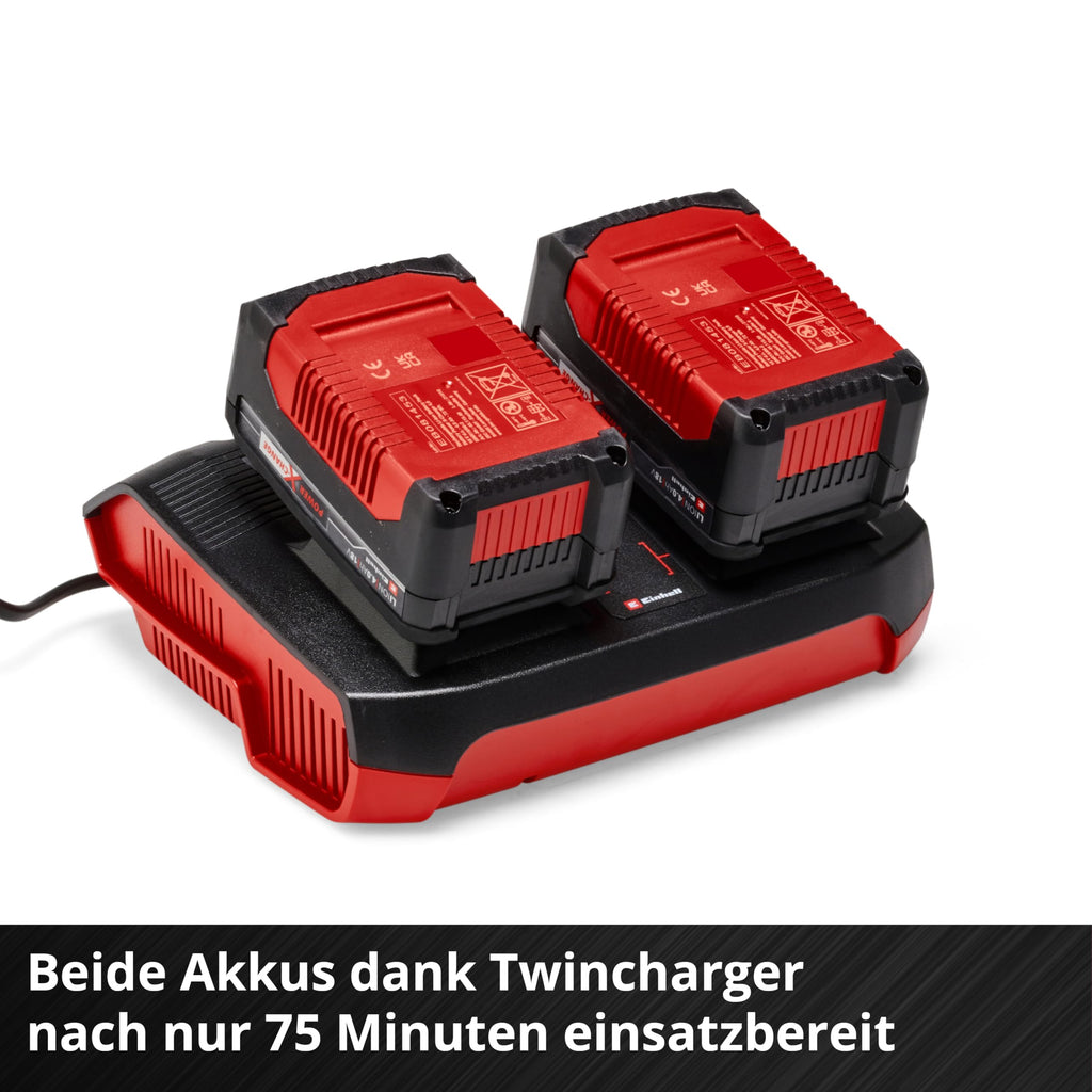 Einhell 4512112 Original Starter Kit 2X 4,0 Ah Akkus und Twincharger Power X-Change (Li-Ion, 18 V, 75 min Ladezeit, passend für alle Geräte), 2.21 x 1.85 x 0.77 cm