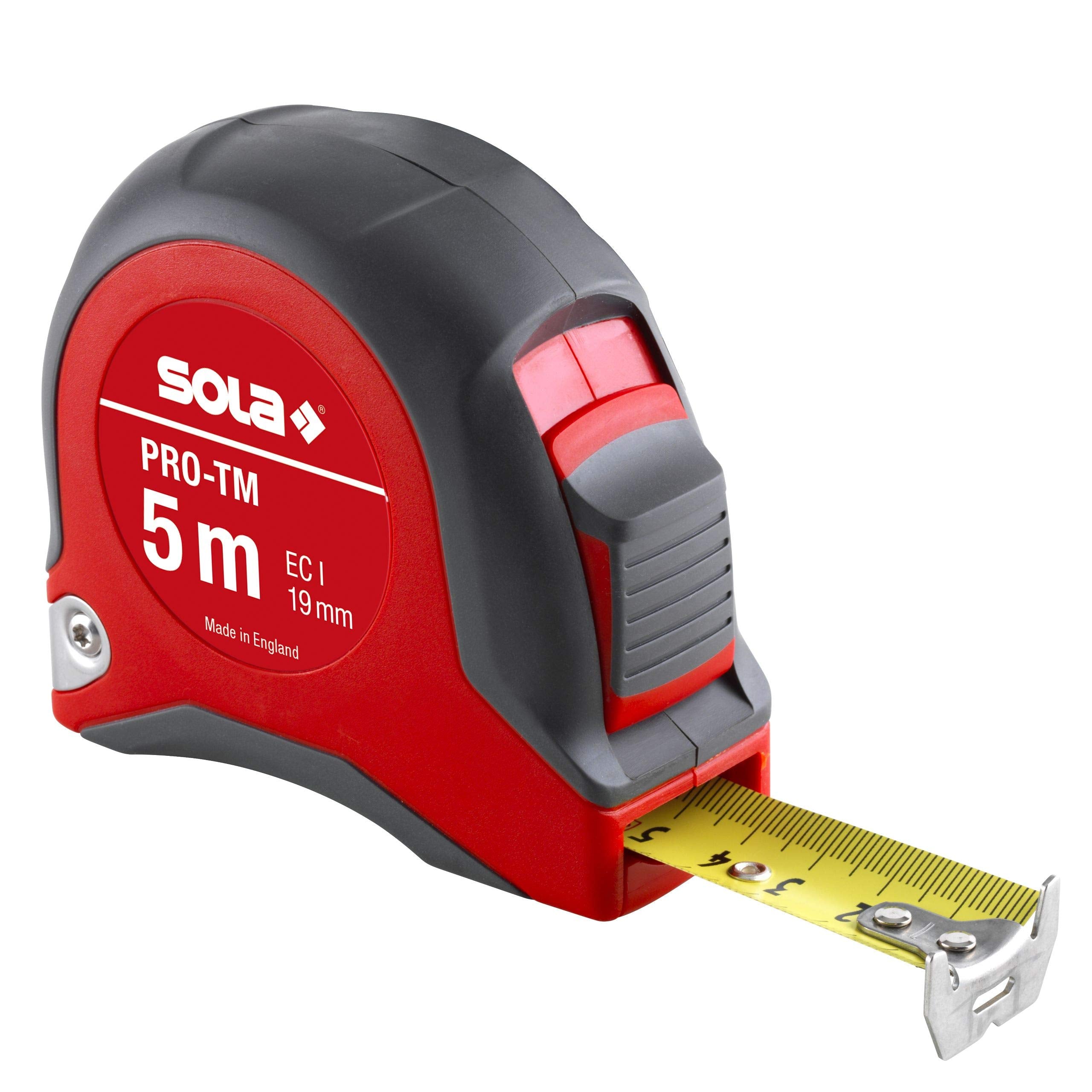 SOLA PRO-TM - Bandmaß 5m / 19mm - robustes Profi-Rollbandmaß mit Gürtelclip - Stahlband, gelb lackiert mit mm Skala - Genauigkeitsklasse I - Rollmeter mit beweglichem Endhaken - Länge 5m/19mm