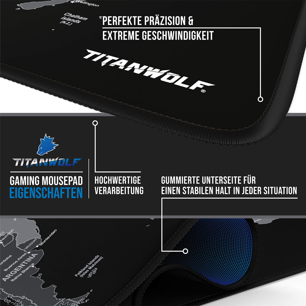 TITANWOLF - XXL Mauspad Gaming Titanwolf 900x400 mm - Mousepad XXL Gaming Groß - Tischunterlage Large Size - verbessert Präzision und Geschwindigkeit - Design Weltkarte Schwarz