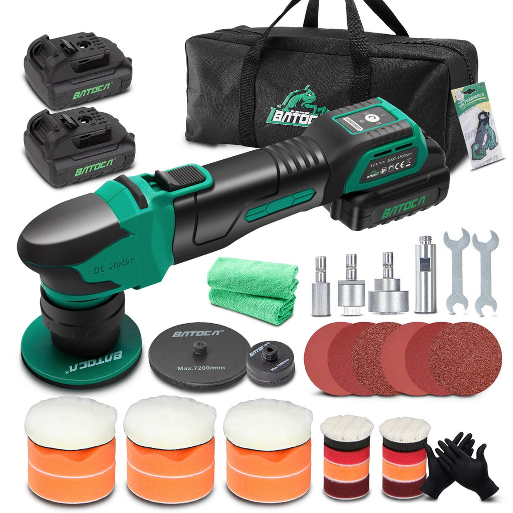 BATOCA S4 Profi Akku Poliermaschine,Rotierende&Orbitale,25mm/75mm Rückenplatte,Bürstenloser Motor,Mini Polier Kit,12V Akku Poliergerät mit 2 2.5Ah Batterien,2000-5500RPM,Scheinwerfer Aufbereitung Set
