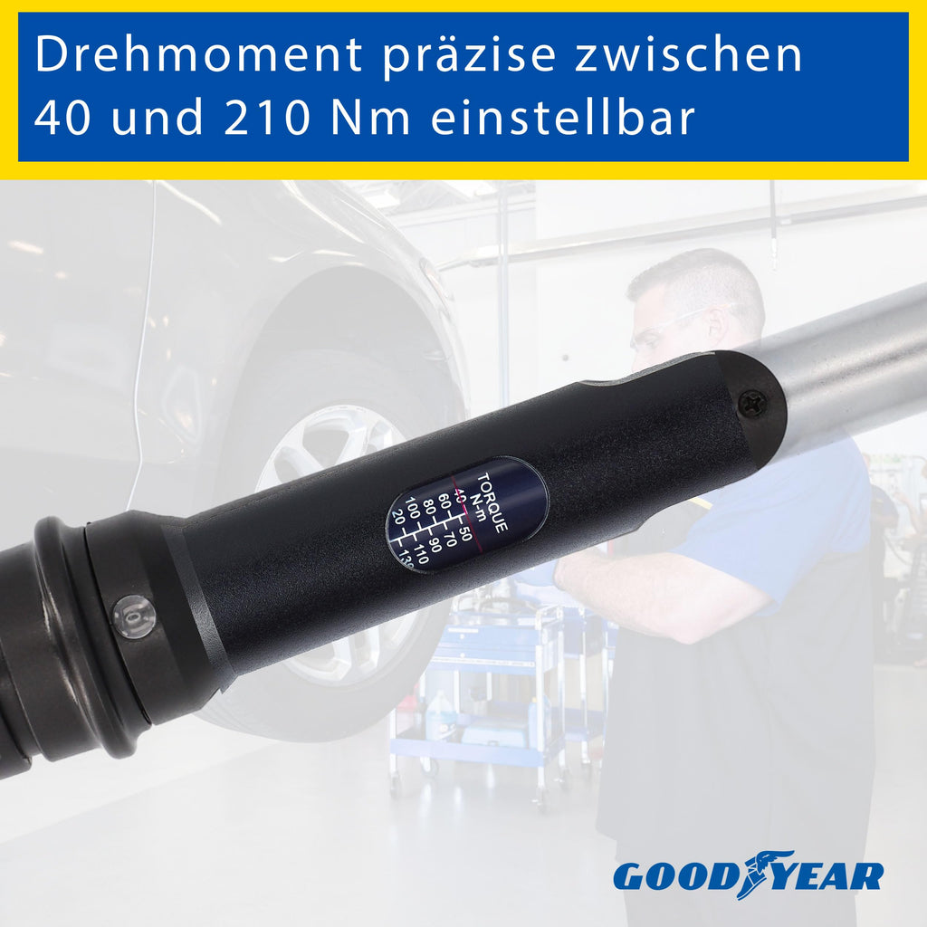 Goodyear Radwechselset, 6-teilig, Drehmomentschlüssel + Umschaltknarre + 3-tlg. Steckschlüsselsatz + Verlängerung, Box, Schwarz