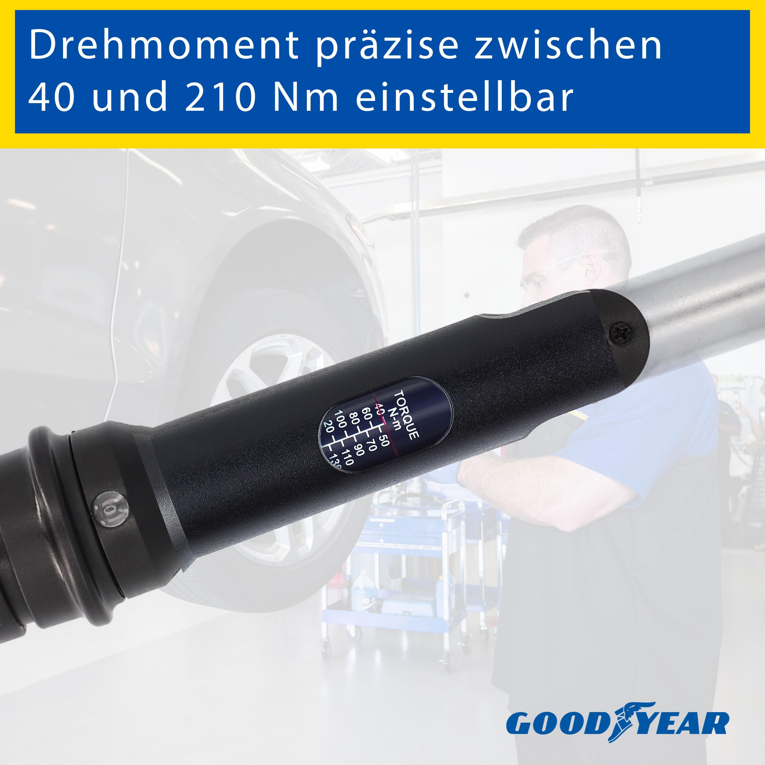 Goodyear Radwechselset, 6-teilig, Drehmomentschlüssel + Umschaltknarre + 3-tlg. Steckschlüsselsatz + Verlängerung, Box, Schwarz