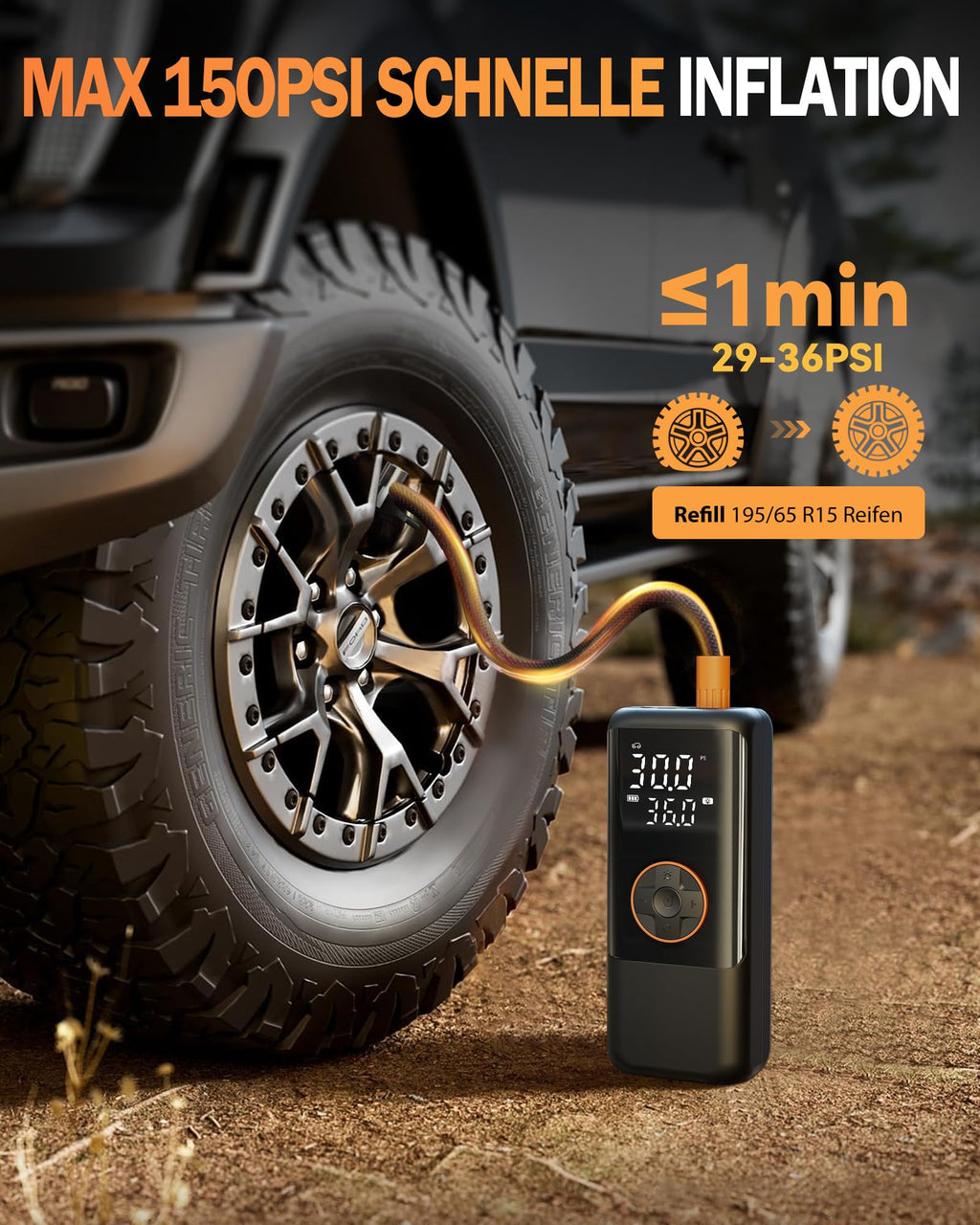 Elektrische Luftpump mit Akku, 150 PSI Luftpumpe für Fahrradpumpe, Tragbar Mini Kompressor mit Manometer & Doppelt-LED-Anzeige, 12V DC Elektrische Autoreifen für Autos, Motorräder, Fahrräder und Bälle