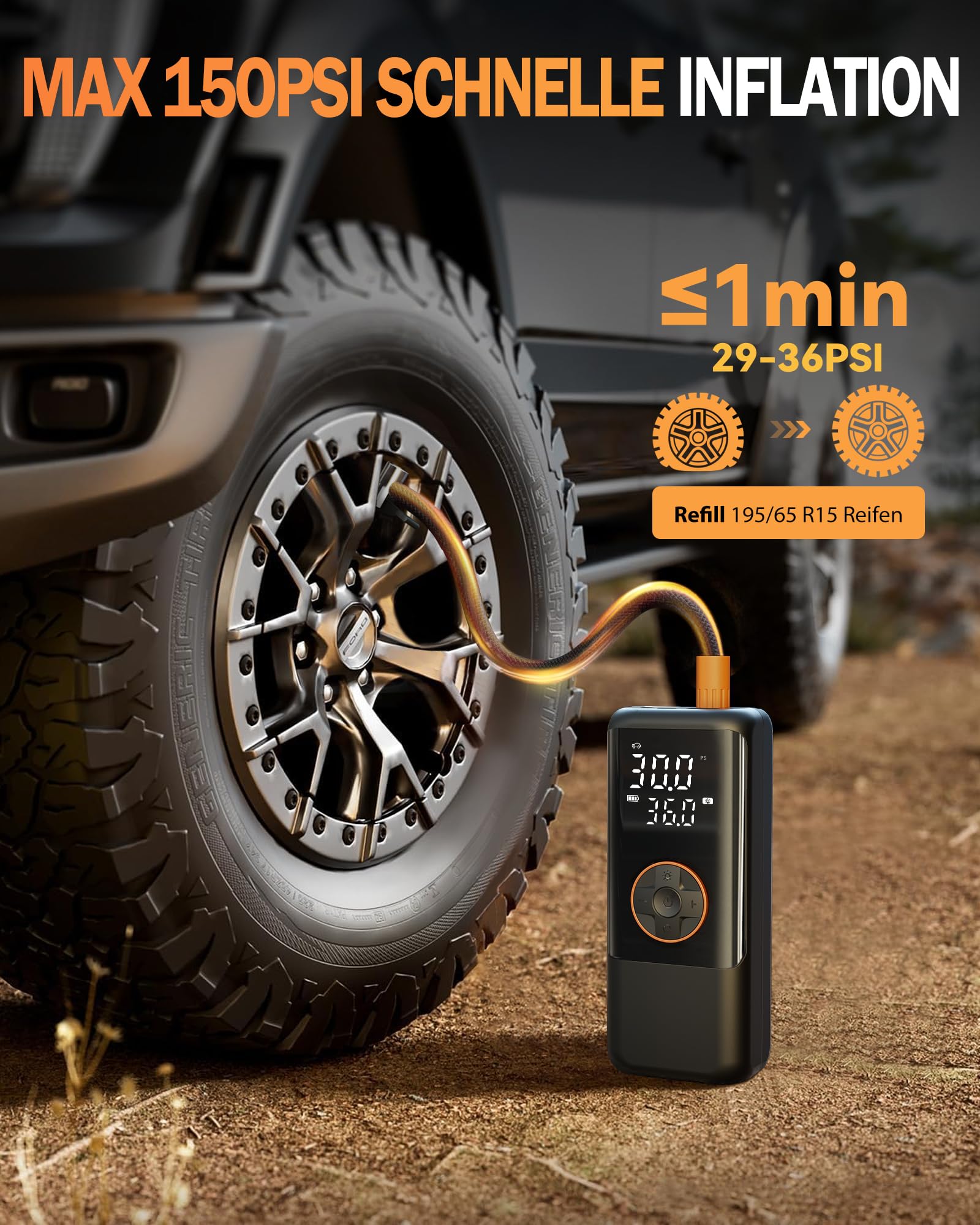 Elektrische Luftpump mit Akku, 150 PSI Luftpumpe für Fahrradpumpe, Tragbar Mini Kompressor mit Manometer & Doppelt-LED-Anzeige, 12V DC Elektrische Autoreifen für Autos, Motorräder, Fahrräder und Bälle