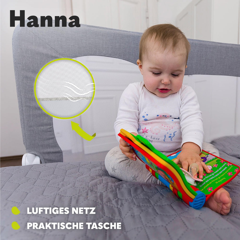 Lionelo Hanna Bettgitter Rausfallschutz 150 cm x 66 cm, zusammenklappbar um 180 Grad, luftiges Netz, einfache Montage, Standsafe-Blockade, SecureBelt, stabile Konstruktion