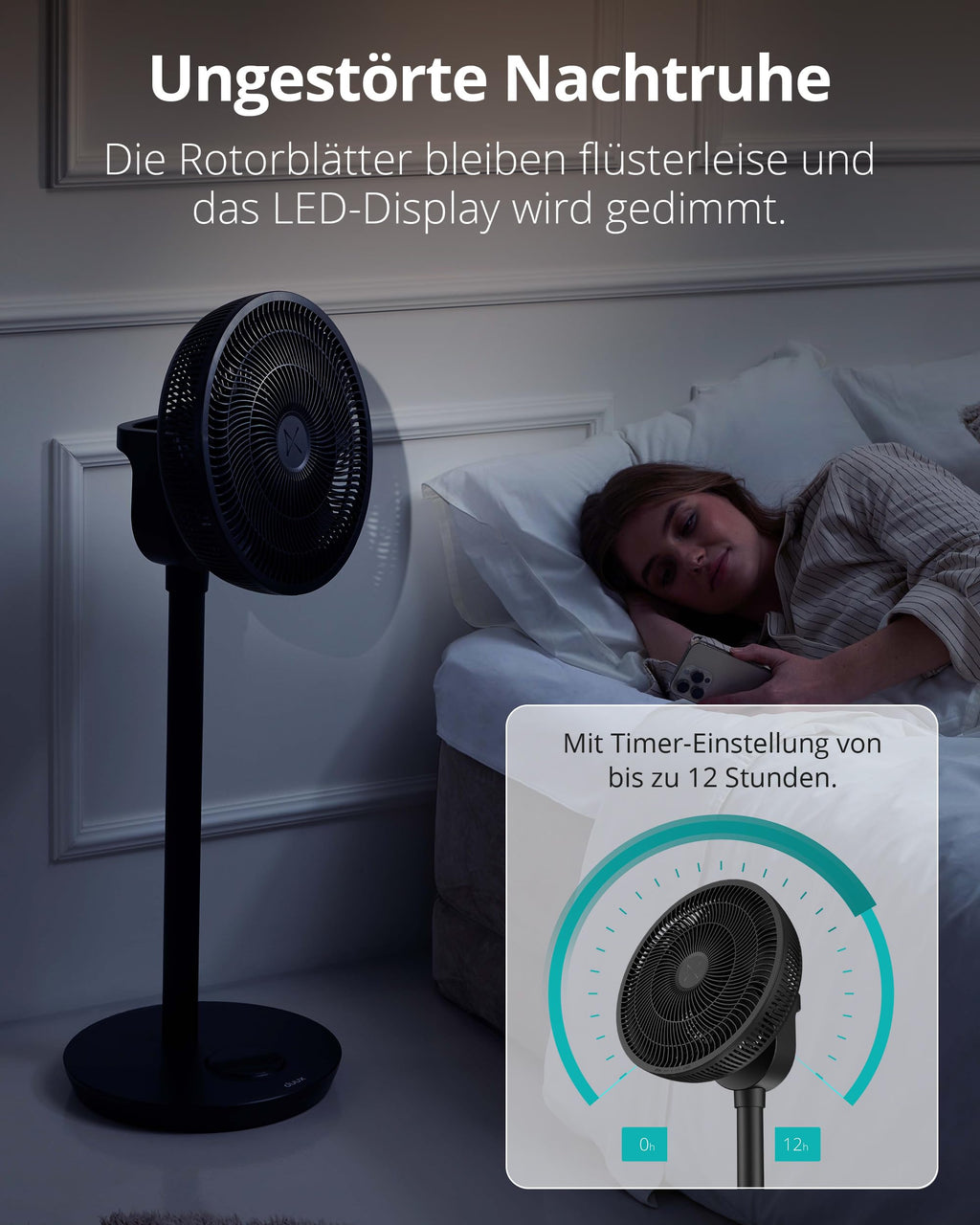 Duux Whisper Flex 2 Smart Ventilator – flüsterleise 13 dB – Nachtmodus & Timer – höhenverstellbar (54–92 cm) – energieeffizient ab 2W – App & Fernbedienung – Schwarz
