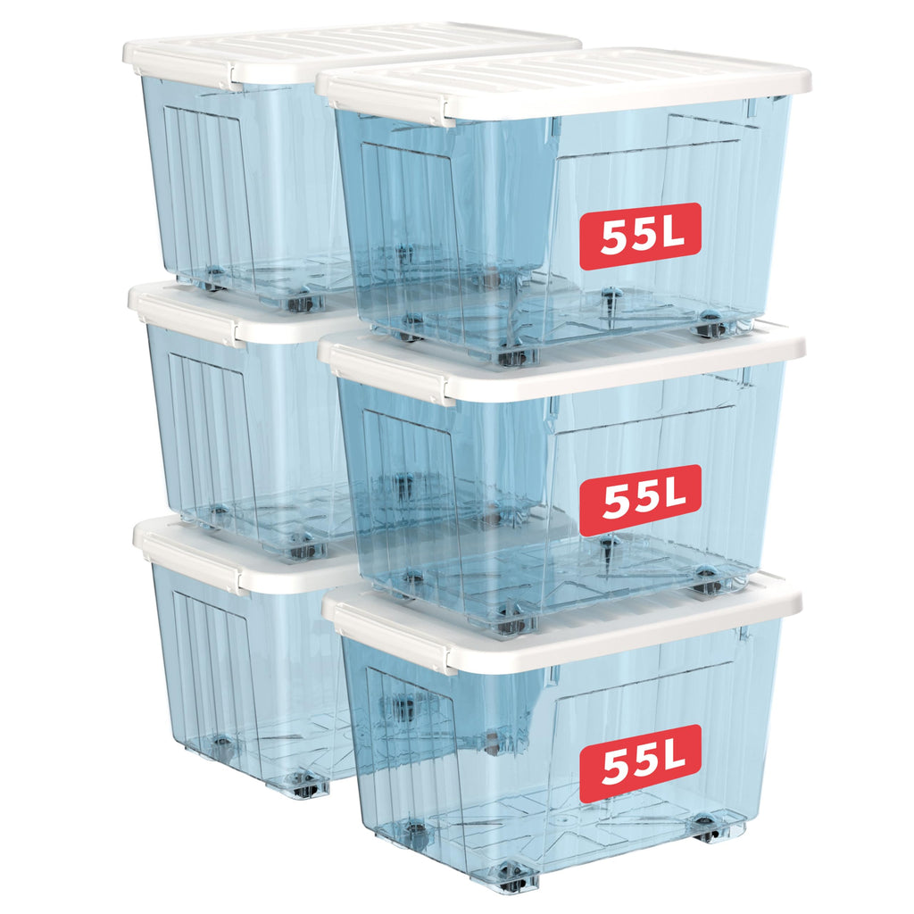 Cetomo 55L*6 Aufbewahrungsboxen, Rillen-verstärkte Kunststoffboxen mit Rollen & Deckeln, Stapelbare Aufbewahrungskiste, Ordnungsboxen für Zuhause und Büro, PP, Transparent Blau, 55L (6er Pack)