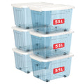 Cetomo 55L*6 Aufbewahrungsboxen, Rillen-verstärkte Kunststoffboxen mit Rollen & Deckeln, Stapelbare Aufbewahrungskiste, Ordnungsboxen für Zuhause und Büro, PP, Transparent Blau, 55L (6er Pack)