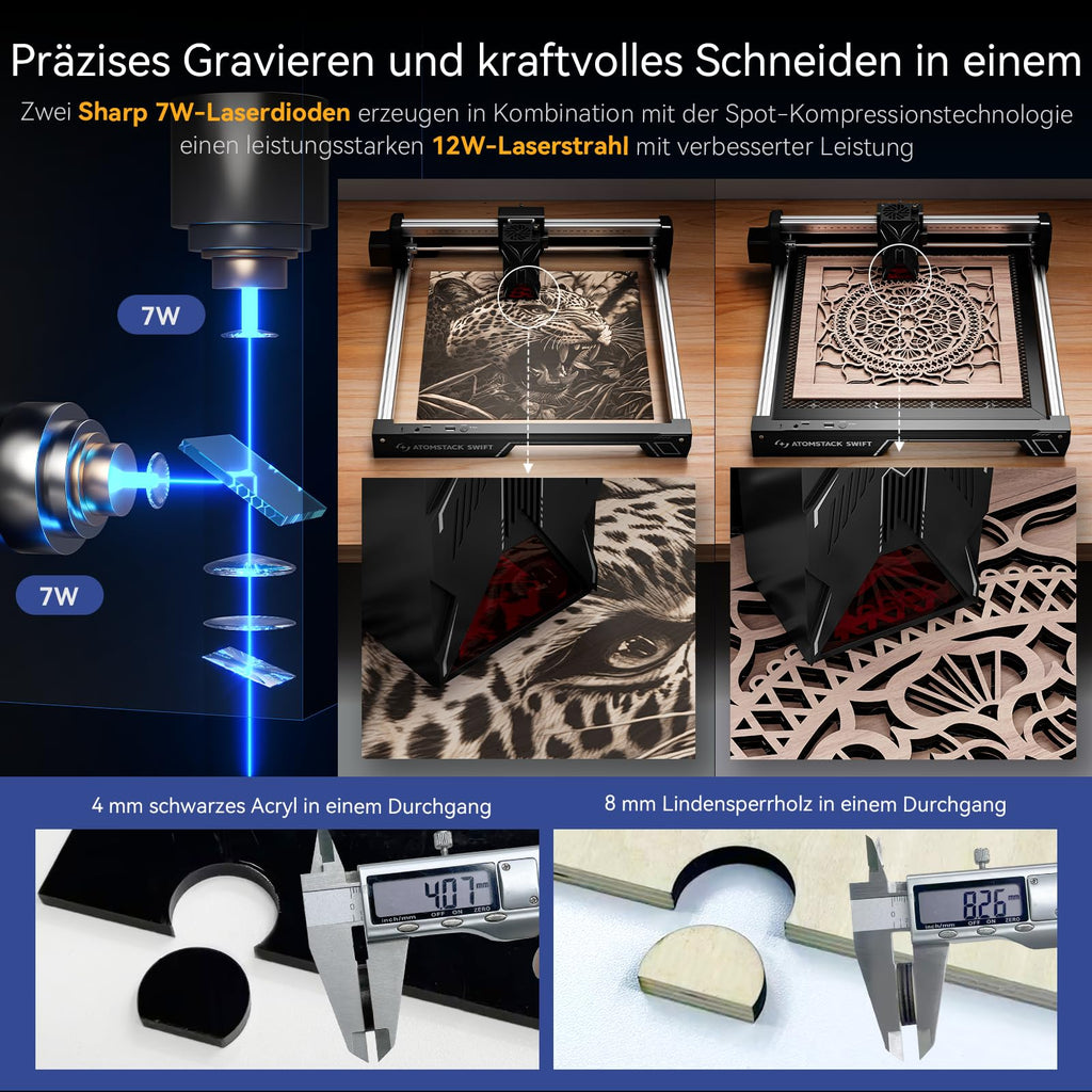 ATOMSTACK 12 W Laser graviermaschine, Gravurfläche 300 × 300 mm, Swift 12 W Serie Laserschneider, 0,01 mm hochpräzise Laser Cutter für Holz und Metall, dunkles Acryl, Leder (Schwarz, Swift-12W)