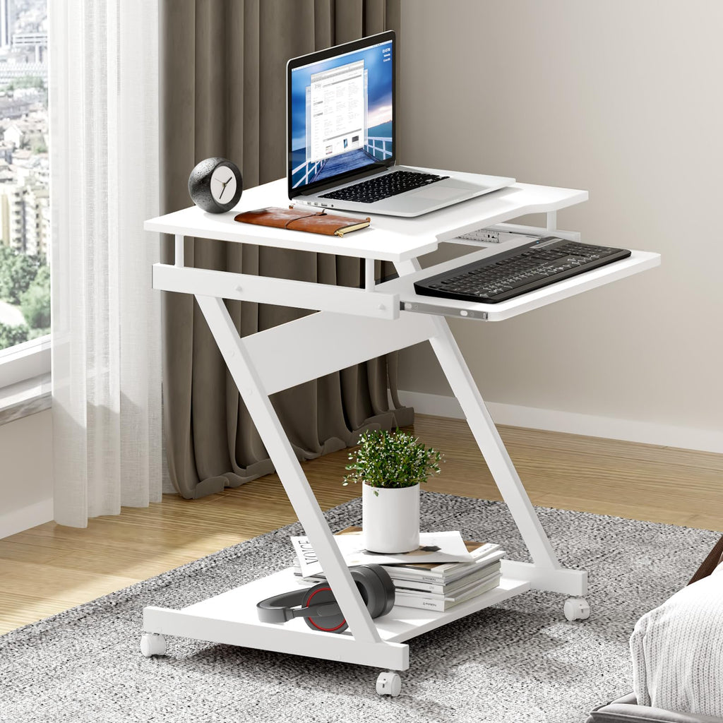 SogesHome Schreibtisch Klein Computertisch mit 4 Rollen 2 Davon mit Bremsen PC-Tisch in Z-Form mit Tastaturauszug für Zuhause und Büro, 60 x 48 cm