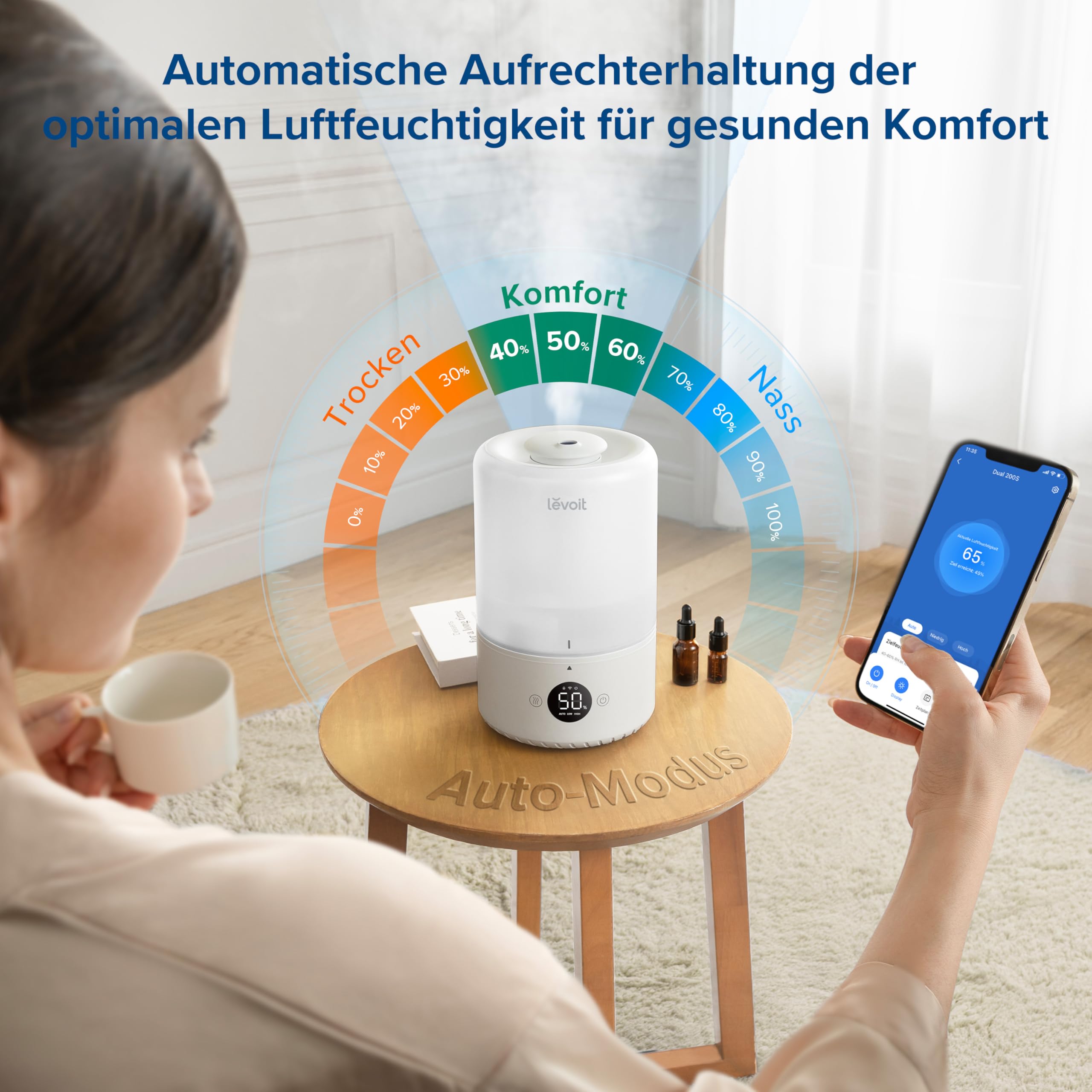 Levoit 19dB leise Top-Fill Luftbefeuchter, Smart Humidifier für Schlafzimmer, Baby, Luftfeuchtigkeit Sensor, Raumbefeuchter mit 360°Drehdüse für Kinderzimmer, Pflanzen, 3 L, Cremeweiß