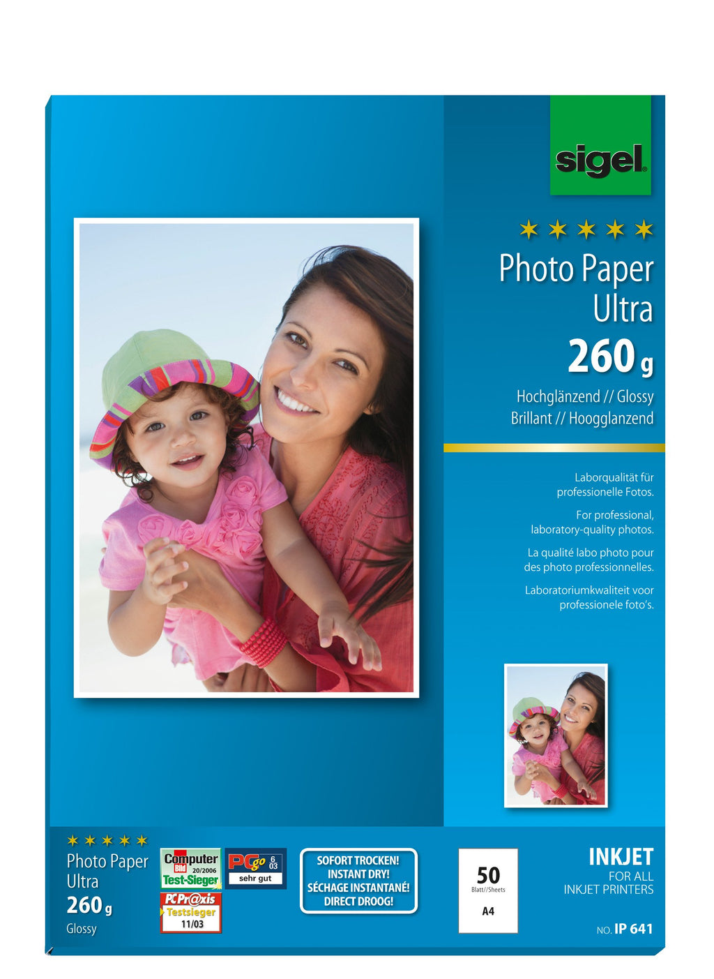 SIGEL IP641 InkJet-Fotopapier Ultra, A4, 50 Blatt, hochglänzend, extrem lichtbeständig, 260 g , für hochwertige Fotografien
