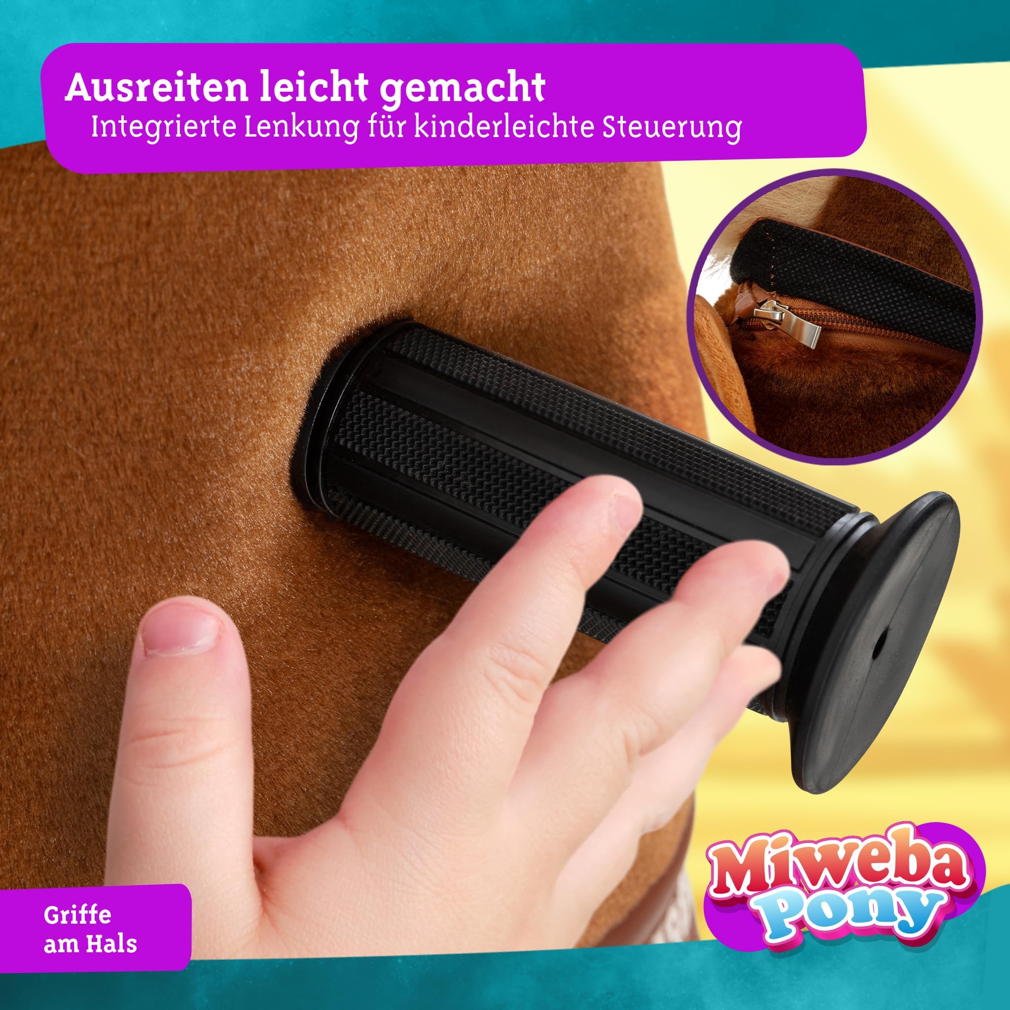 Miweba Pony Amadeus | Reitpferd auf Rollen - Pferd für Kinder - Schaukelpferd - Schaukeltier - Kuscheltier - Spielpferd zum Reiten - Plüschtier - Stofftier - Stehpferd - 4-8 Jahre (M Medium)