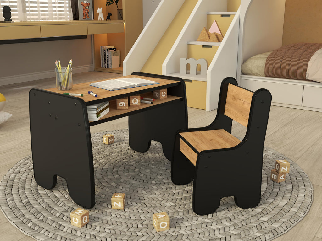 defiPad Kindertisch mit 2 Stühlen - Stabil & Langlebig - Kinder Tisch Stuhl Set - Made in EU - Kindersitzgruppe Indoor - Maltisch für Kinder - Sitzgruppe für Kinderzimmer - Schwarz & Eiche