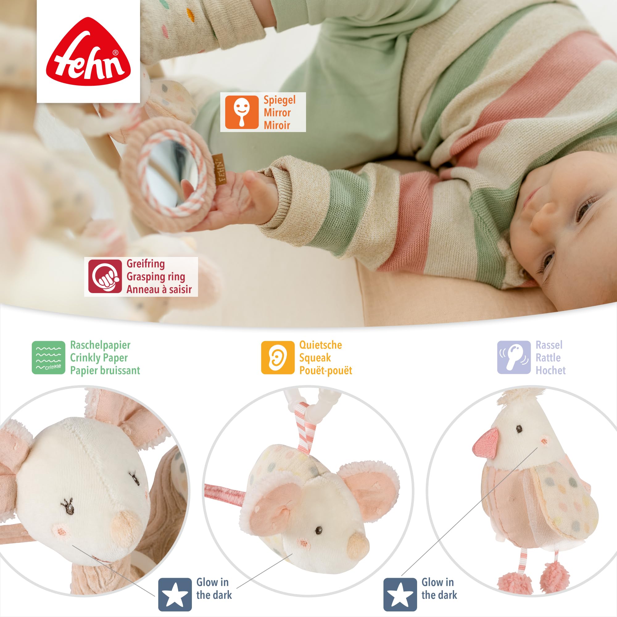 Fehn Activity-Spirale Maus – Motorikspielzeug mit Lernfunktionen zum Tasten, Fühlen, Spielen – Stoff-Spirale fördert Greifen, Tastsinn & Motorik – für zuhause & unterwegs, für Babys ab Geburt